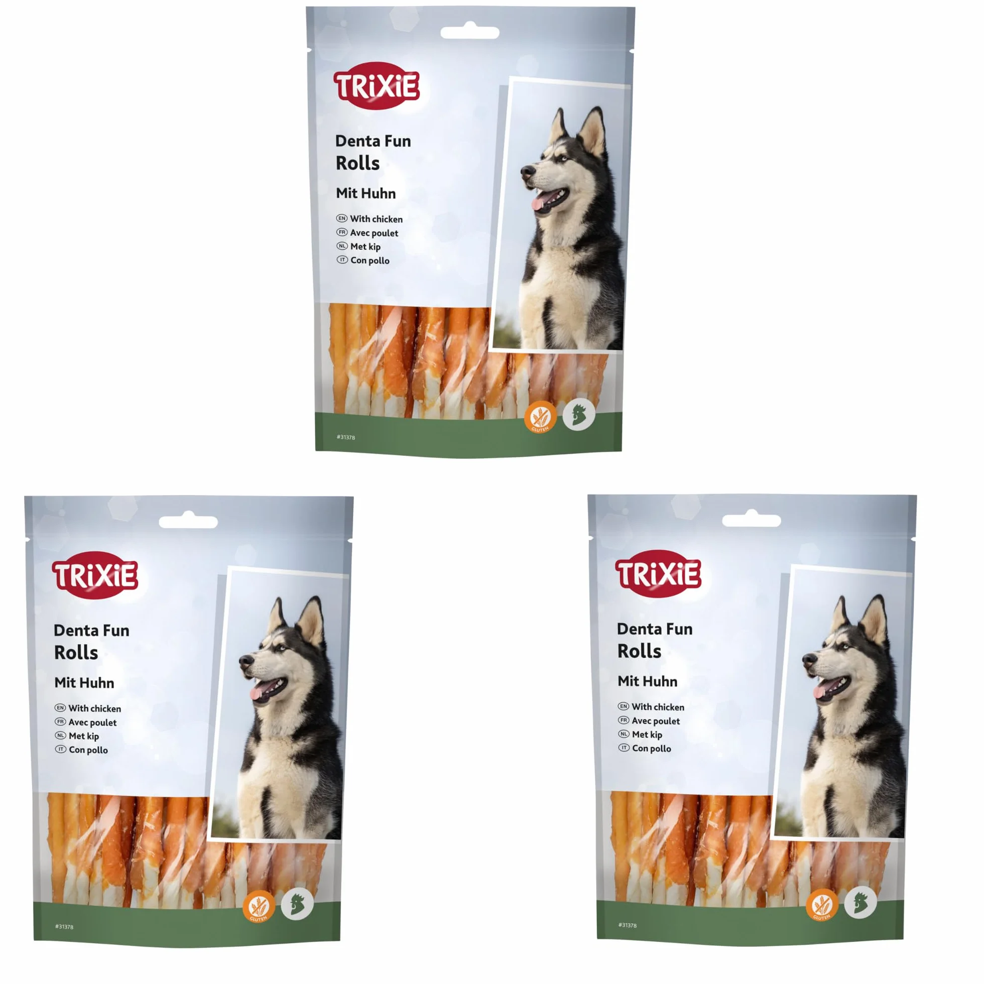 TRIXIE Denta Fun Rolls Pollo | Confezione da 3 | 3 x 240 g | Alimento complementare per cani | 30 pezzi da 12 cm | Intrattenimento da masticare e per l'igiene dentale | Ricetta senza glutine