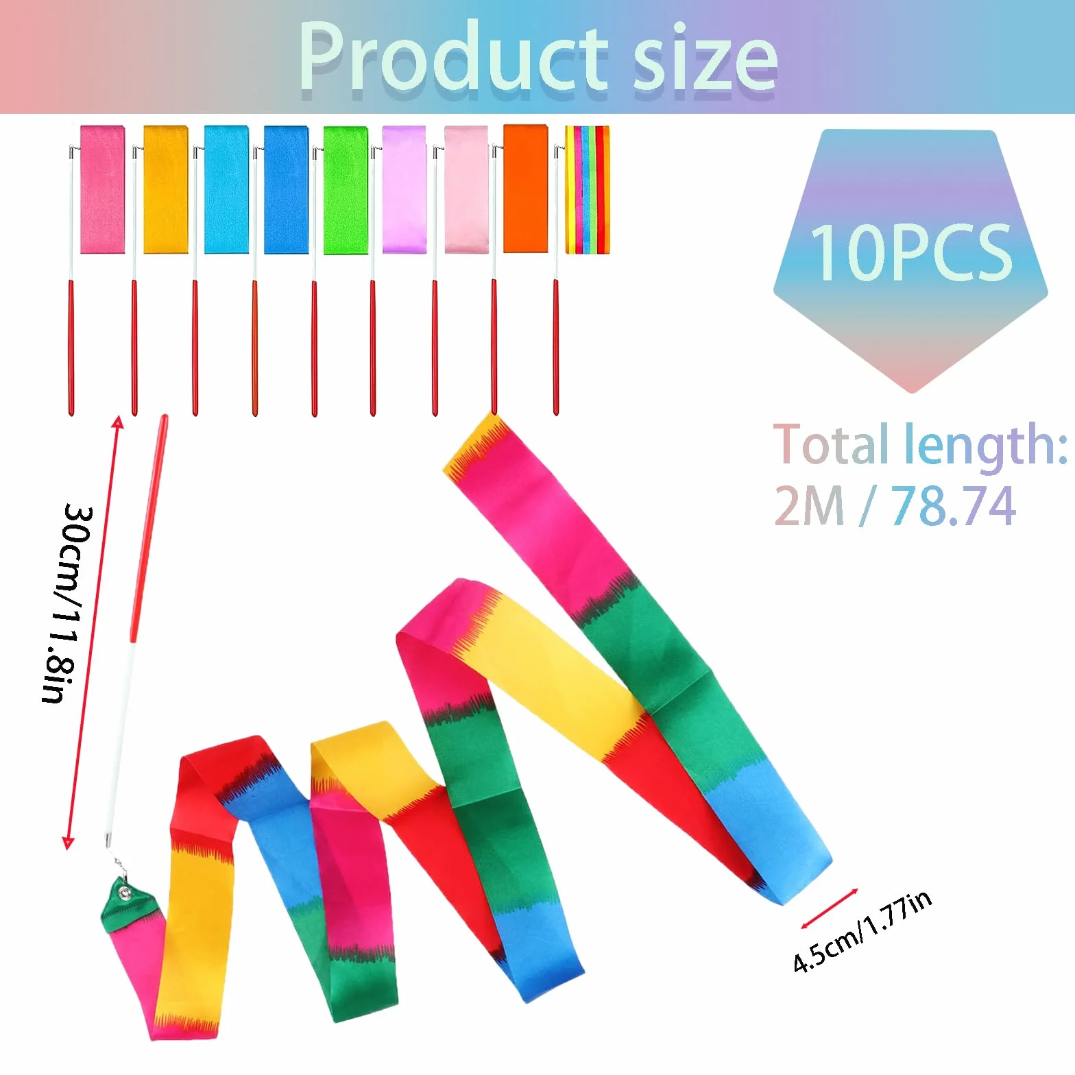 Nastri Ginnastica Ritmica 10 Pezzi 2M Bacchette per Bambini Danza Baton Twirling Sportiva