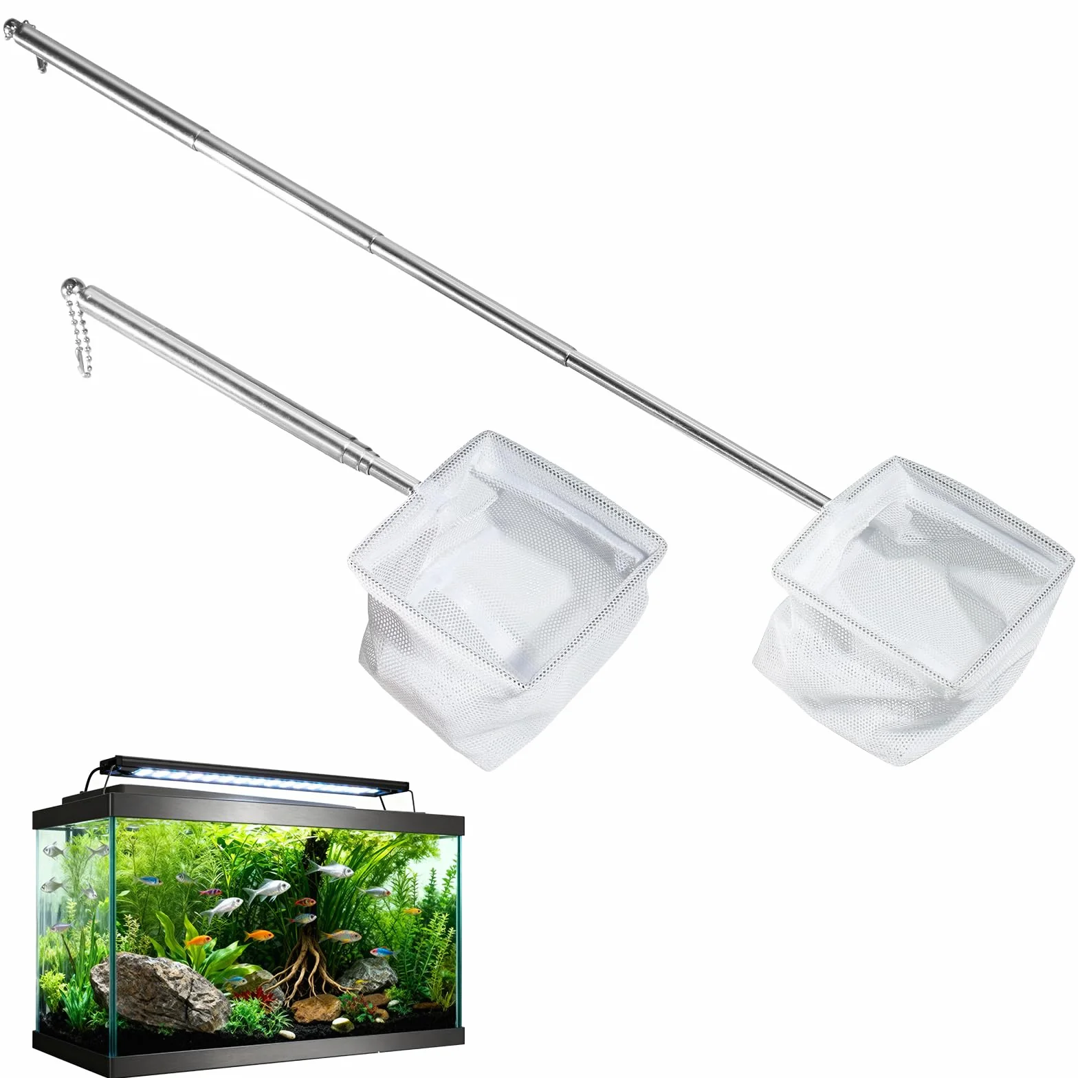 Set di 2 Retini Mini Acquario con Manico in Acciaio Inossidabile – Rete da Pesca a Maglia Fine con Manico Telescopico (13-40 cm) per Acquario, Stagno e Pulizia (8x6,5 cm)