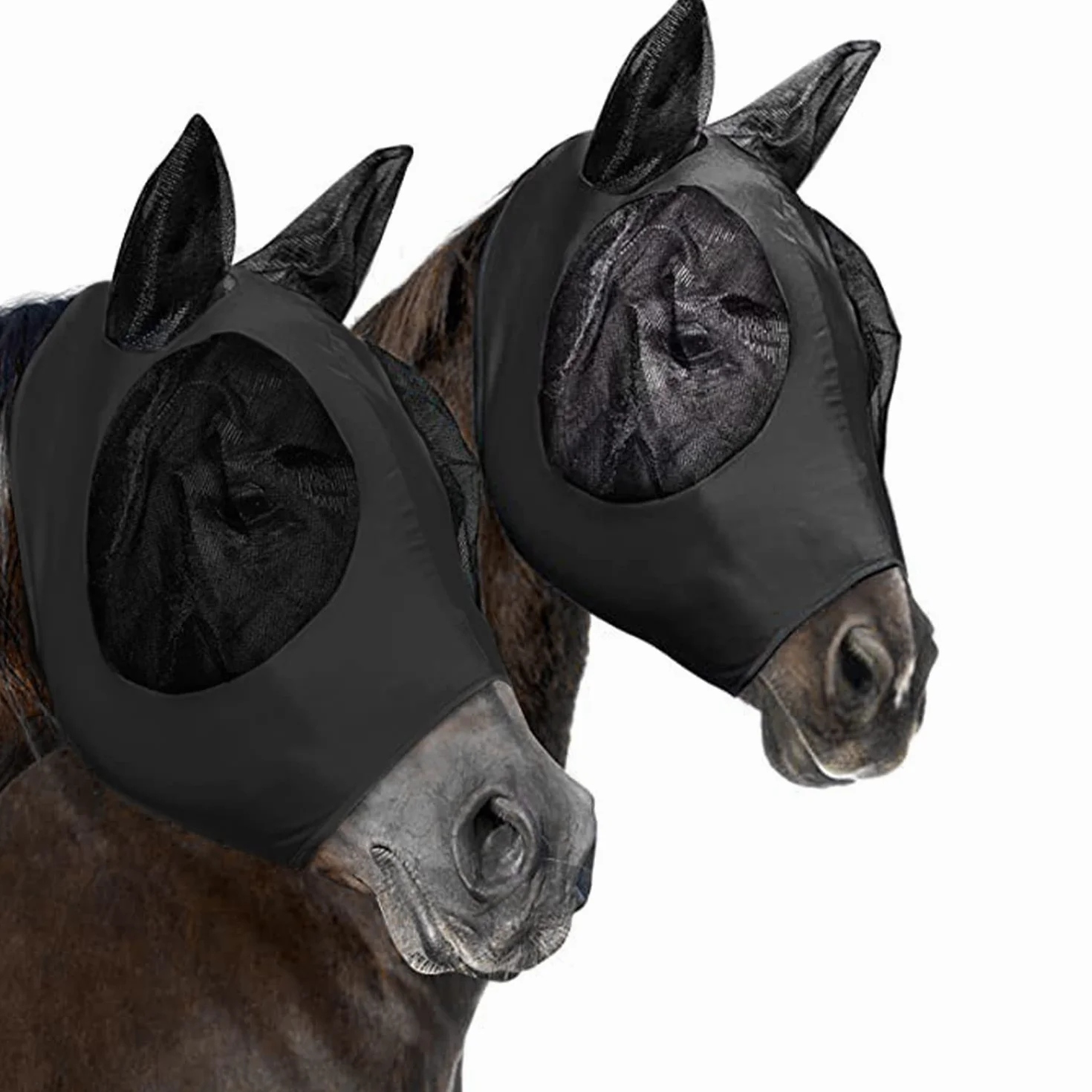 Maschera per cavalli con paraorecchie rete traspirante anti-UV mosca zanzare insetti elastica nero