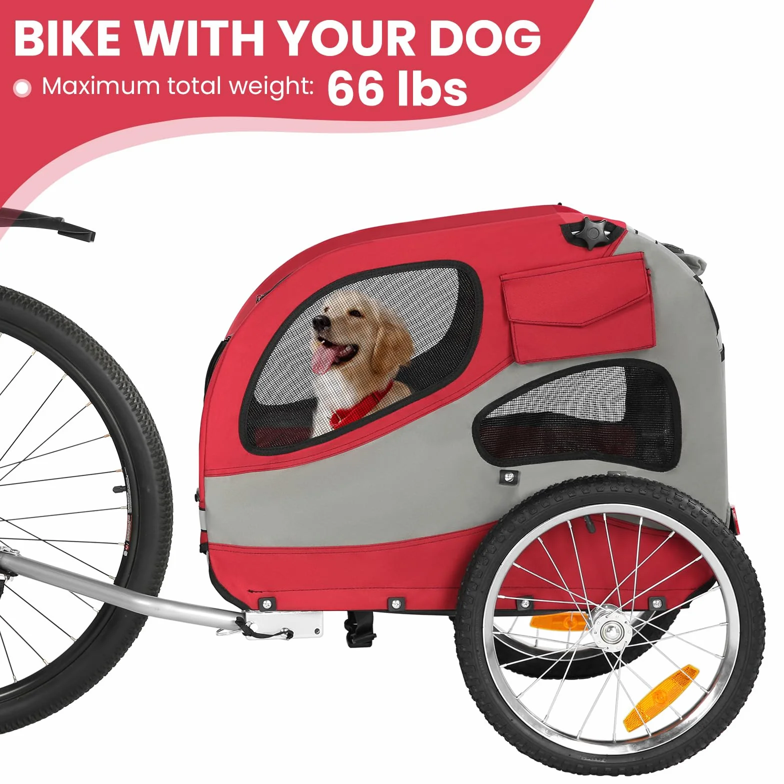 Rimorchio per cani per bicicletta, rimorchio per cani fino a 30 kg, pieghevole per cani con riflettori di sicurezza, custodia, interno imbottito e guinzagli di sicurezza