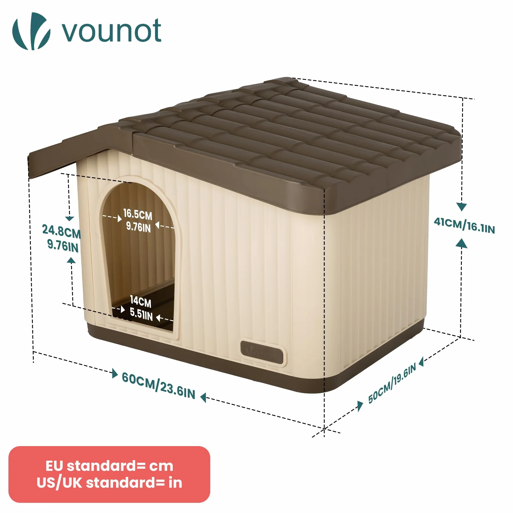 VOUNOT Cuccia per Gatti e Cani Impermeabile con Tetto Inclinato 60x51x41 cm Beige