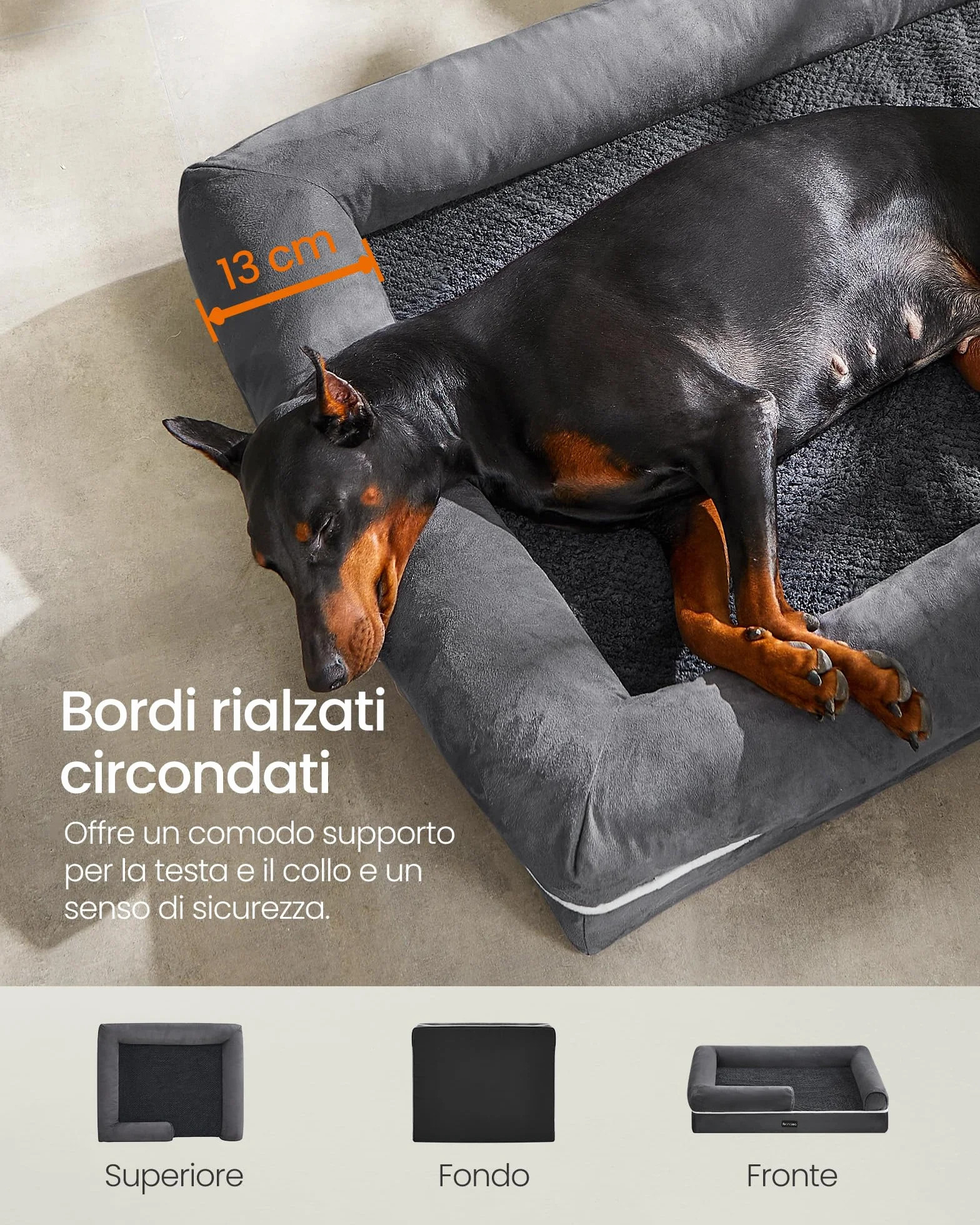 Feandrea Cuccia per Cani Ortopedica, Letto Divano per Animali, 120 x 85 x 18 cm, Grigio Scuro