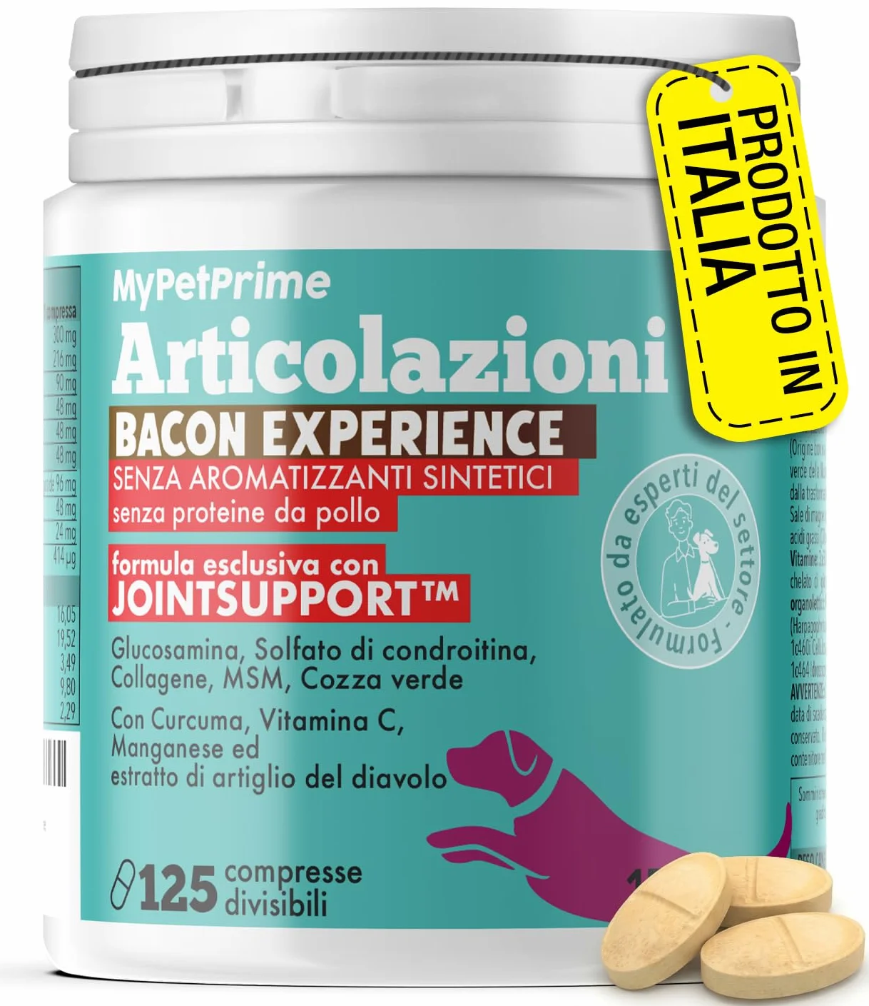 MyPetPrime Articolazioni Cane Mangime Complementare 125 Compresse | Nuova Formula JointSupport con MSM, Polvere di Cozza Verde, Glucosamina, Condroitina e Artiglio del Diavolo