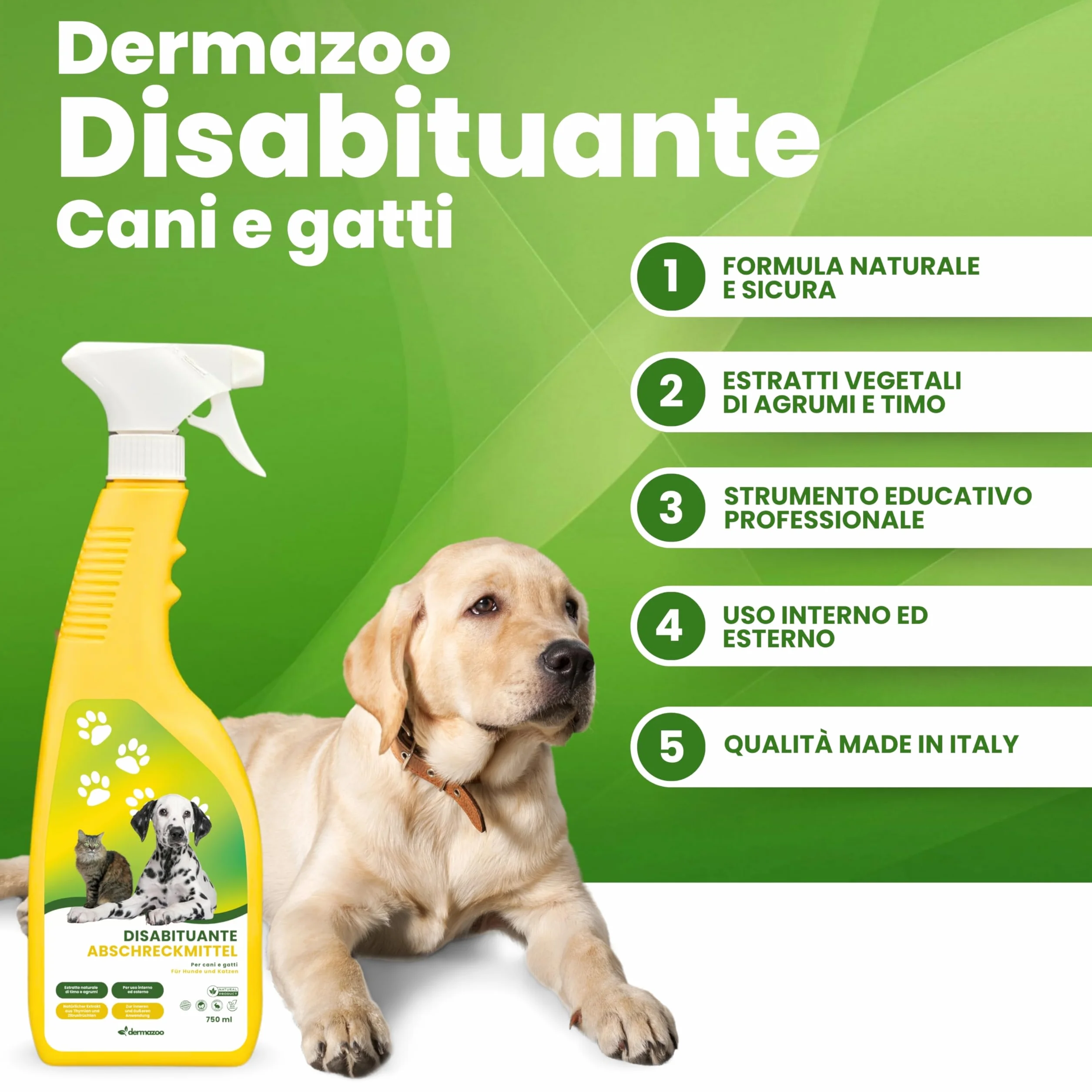 Dermazoo Spray Repellente per Gatti da Esterno e Interno 750ml, Disabituante Gatti, Disabituante per Cani, Spray Addestrativo Anti Pipi Cani, Casa e Giardino