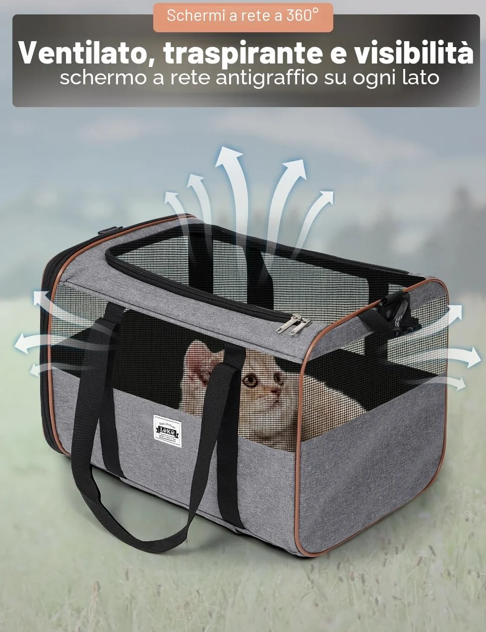 Trasportino per cani e gatti, con ruote, per il trasporto, per auto, con manico telescopico e tracolla, grigio