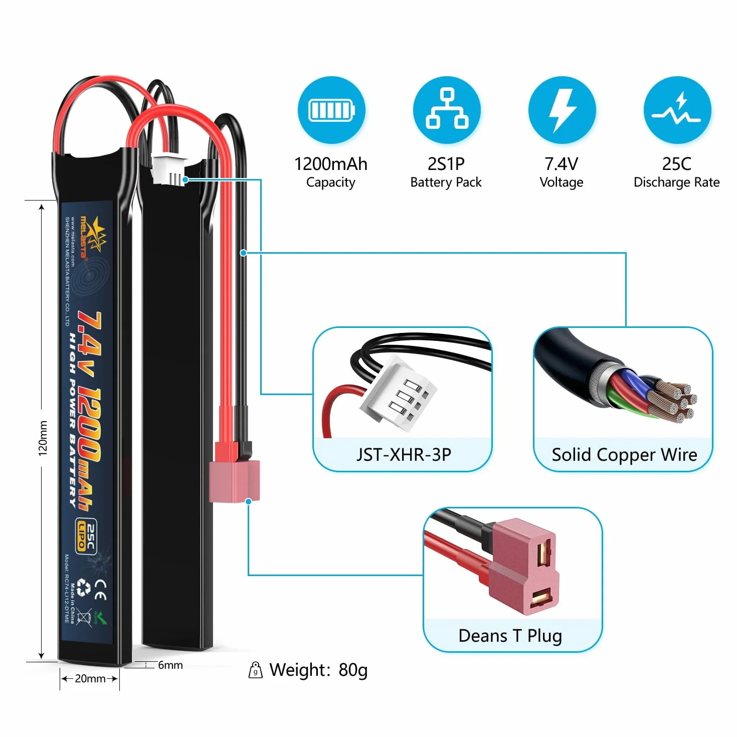 Melasta Airsoft Batterie Lipo Batteria 7.4V 1200mAh (25C T Plug Connector) per AK47 MP5k MP5 RPK M4 M14 MK18 MK46 M249 HK417 HK416 G36 Airsoft Guns