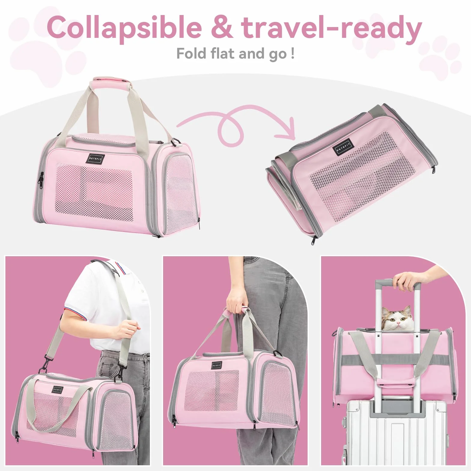 PETSFIT Borsa per gatti con tappetino estensibile, approvato dalle compagnie aeree, trasportino per gatti e cuccioli fino a 5,4 kg (44 x 26,5 x 27 cm, rosa)