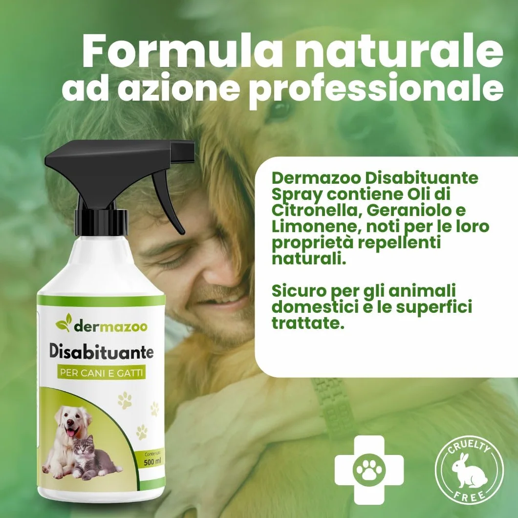 Dermazoo Disabituante Gatti e Disabituante per Cani 500ml Spray Anti Pipi Cane per Uso Interno ed Esterno con Citronella e Geraniolo, Repellente per Gatti Anti Urina