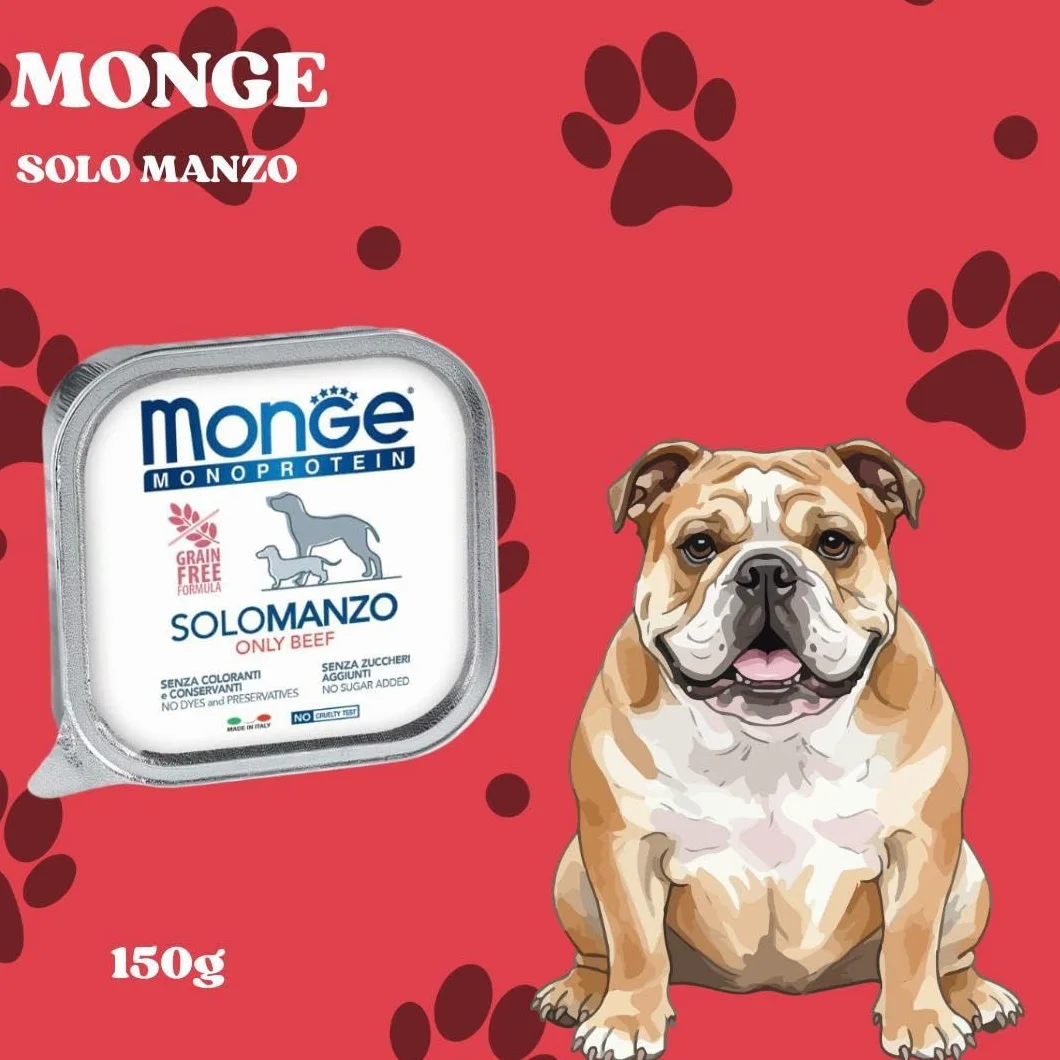 Monge Monoprotein umido cane, alimento completo per cani adulti di tutte le taglie gusto SOLO MANZO,formula monoproteica grainfree senza cereali | 12 vaschette da 150 grammi l'una.