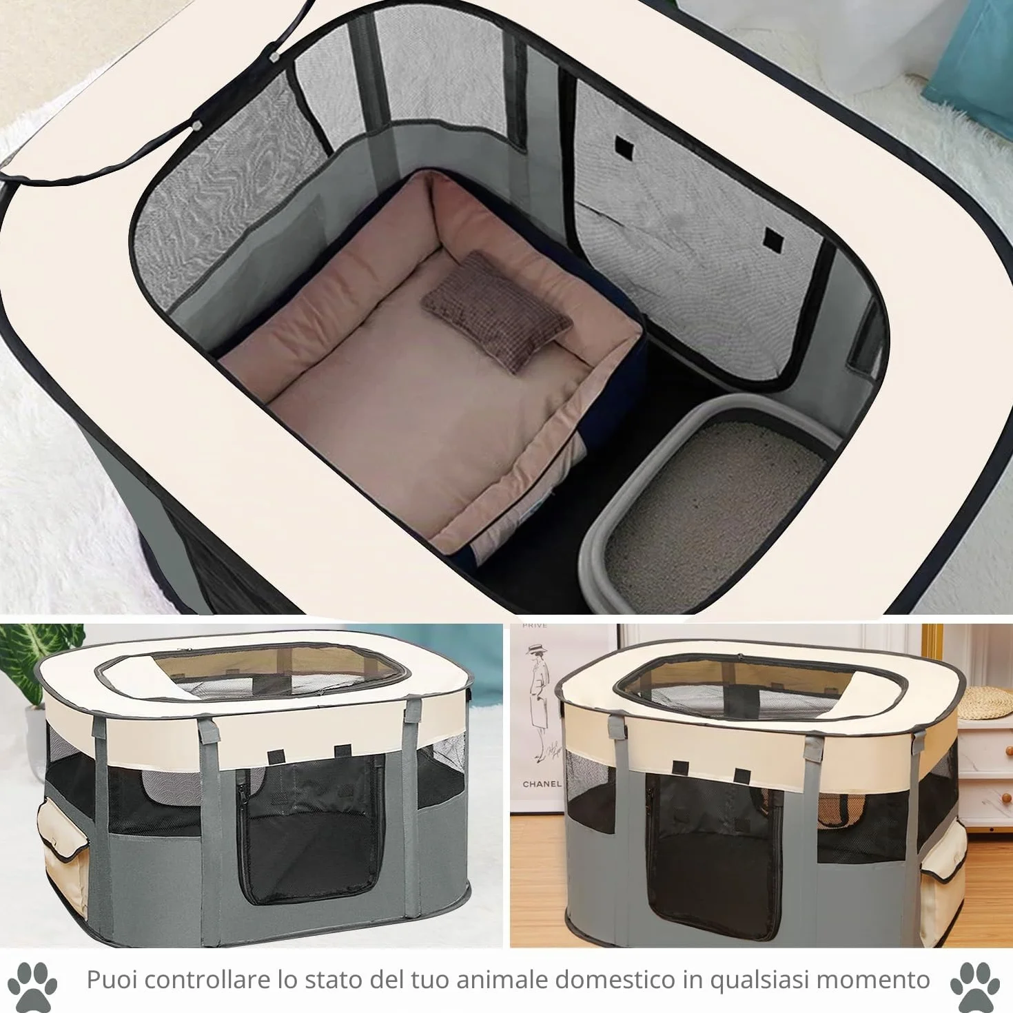 Recinto per Animali Pieghevole Box per Cani e Gatti Grigio 70 x 55 x 40 cm Traspirante Portatile