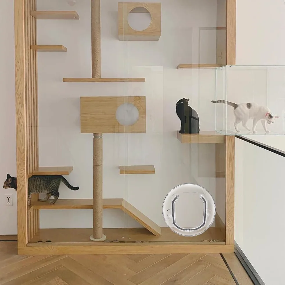 Porta per Animali Domestici Rotonda Trasparente in Plastica ABS con Chiusura a 4 Vie Impermeabile per Gatti e Cani Piccoli