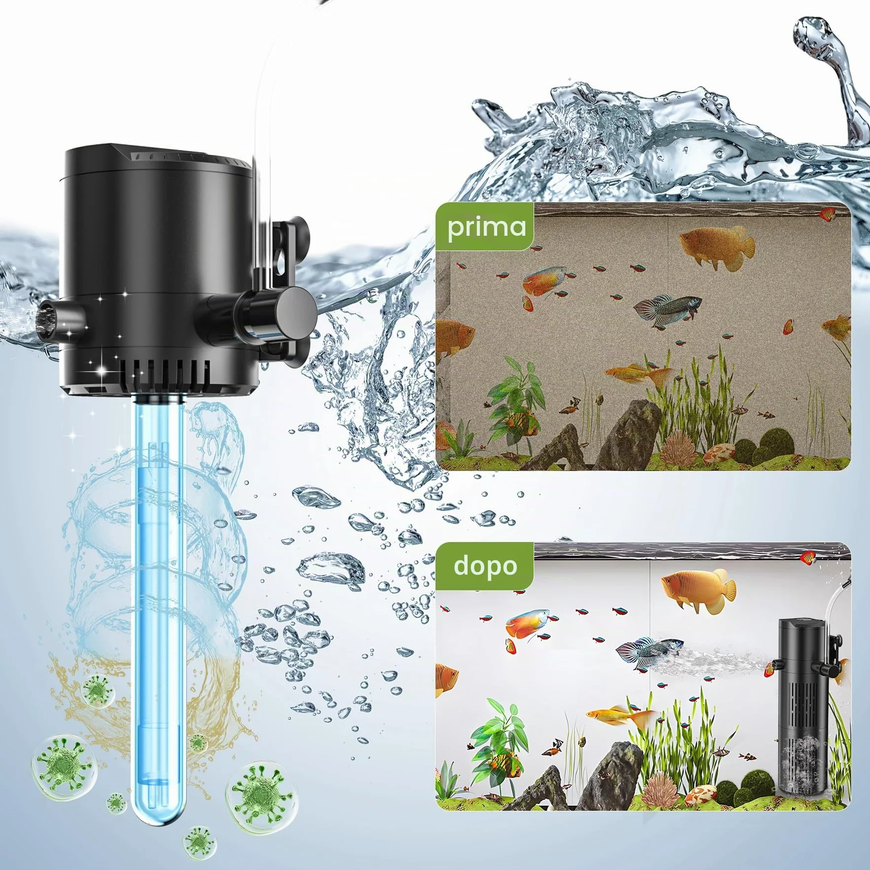 Forever Speed Filtro per Acquario con chiarificatore UVC 6W,Pompa Acquario Integrata, Filtro Interno 5 in 1 per acquari 40–100L (500L/H)