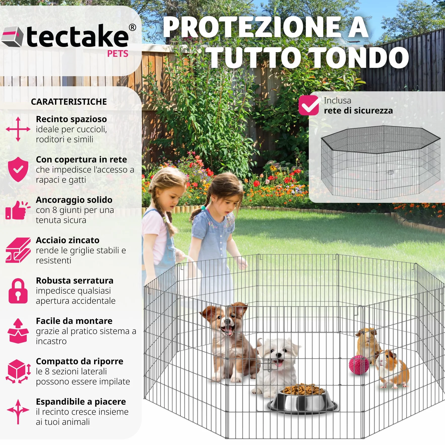 tectake® Recinto per Animali con Rete di Sicurezza, Grande Porta con Chiusura, Montaggio ad Incastro, Conservazione Salvaspazio, Protezione da Aperture Accidentali e Intrusi - Ø 145cm, Nero