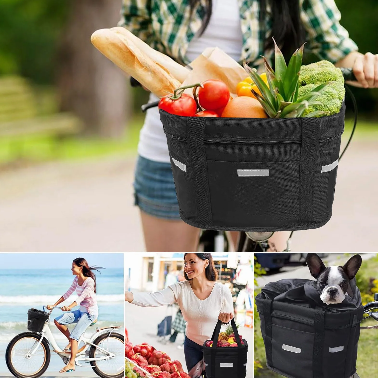 Cestino Anteriore per bici Multiuso per Animali Domestici, Pieghevole Borsa a Mano, Shopping e Outdoor (Nero)