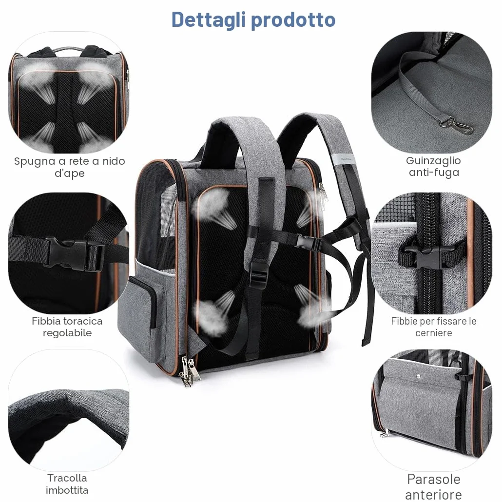 Zaino per Cani Gatti Grande Porta Animali Espandibile Fino a 8 KG, 4 Ingressi, Traspirante, Pieghevole, Grigio