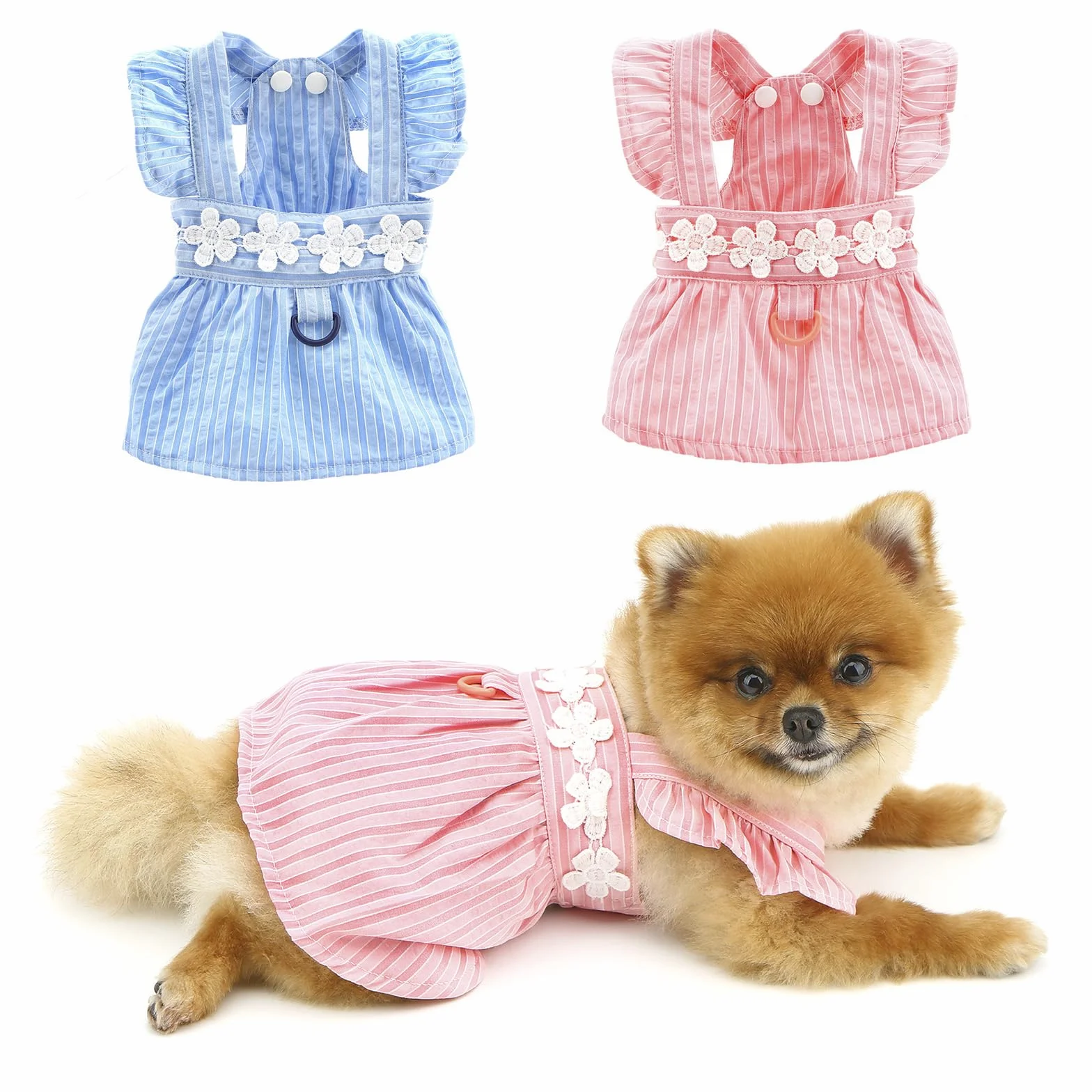 PAIDEFUL Vestito Elegante per Cane Piccolo - Design Estivo a Righe con Ricamo di Fiori, Cinturino, Bottoni - Abbigliamento Fresco da Principessa per Animali Domestici, Costume da Chihuahua