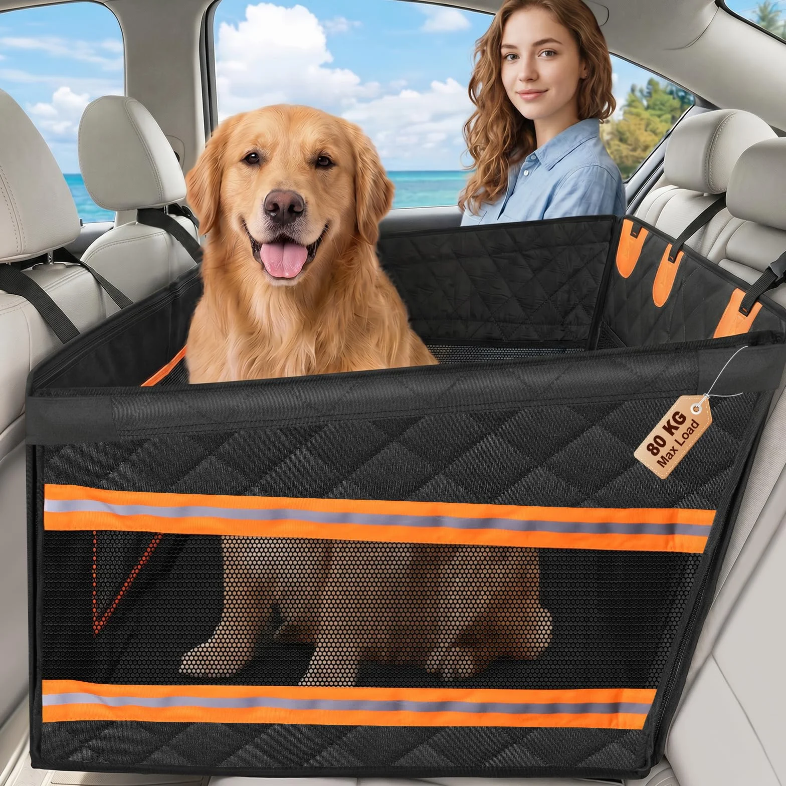 X XBEN Seggiolino Auto per Cani Allargato 50%, Extra Stabile Seggiolino Cane Auto con Portata 68KG, Trasportino per Cani Veicoli con Rete Traspirante e Cintura di Sicurezza, Impermeabile e Pieghevole