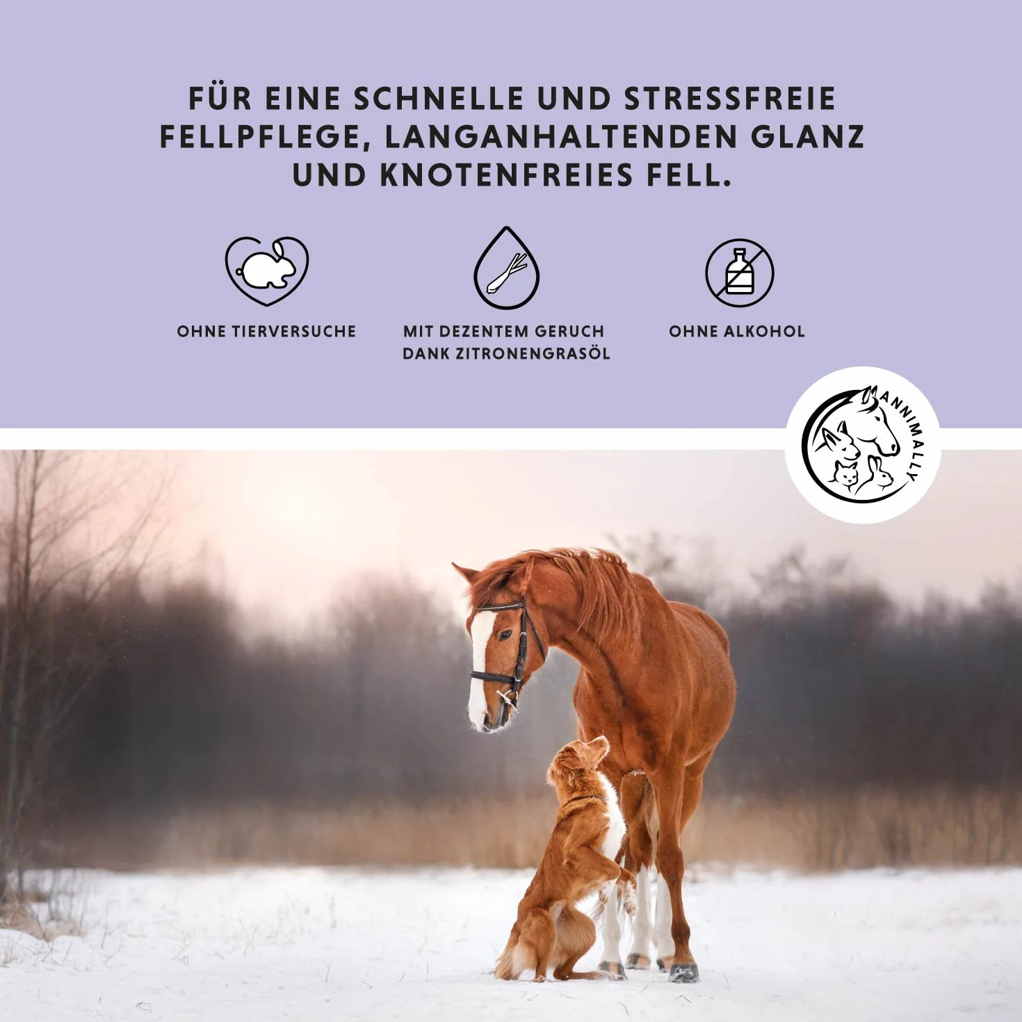 Annimally Spray per Criniera per Cavalli 500 ml - Spray per Coda e Spray Districante per Cavalli e Cani per un Pettinaggio più Facile e una Lucentezza Setosa del Pelo