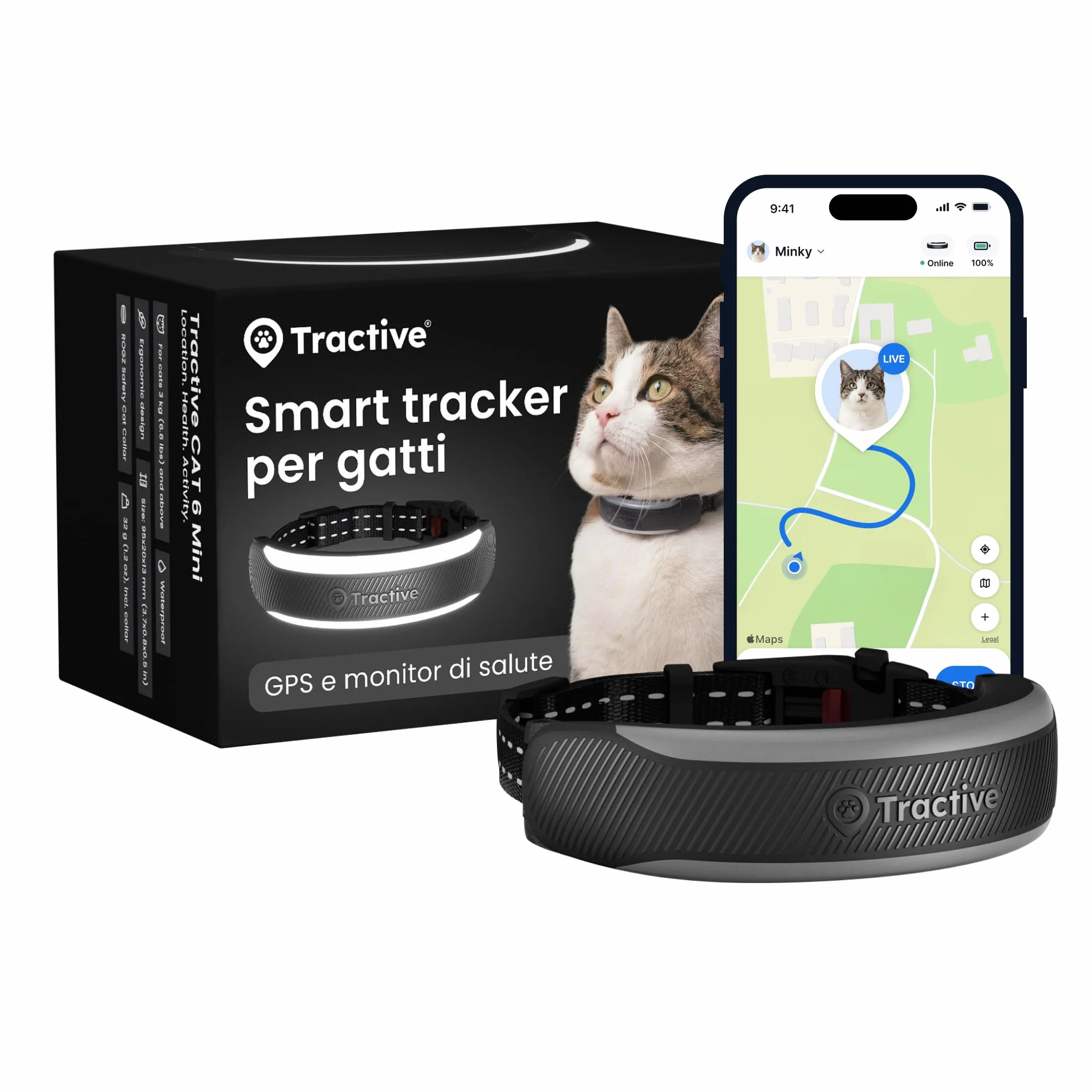 Tractive GPS Gatti Mini | Edizione 2026 | Miglior GPS Gatto | Localizzazione in Tempo Reale | Avvisi di Salute e Monitoraggio dei Parametri Vitali | Sgancio di Sicurezza | Collare Integrato (Nero)