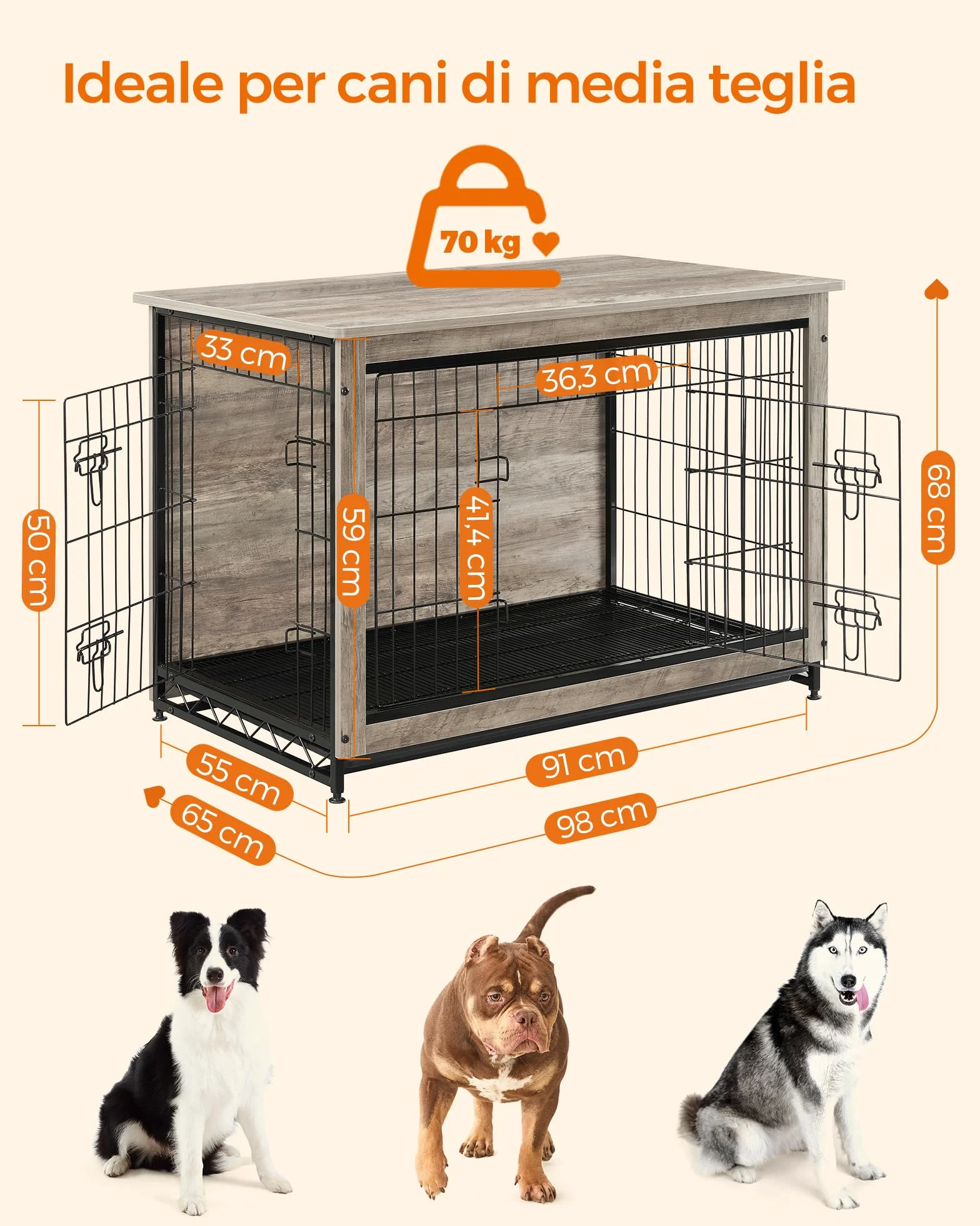 Feandrea Gabbia per Cani 32 kg Mobile Tavolino Cuccia Moderna 2 Porte Greige PFC003G01