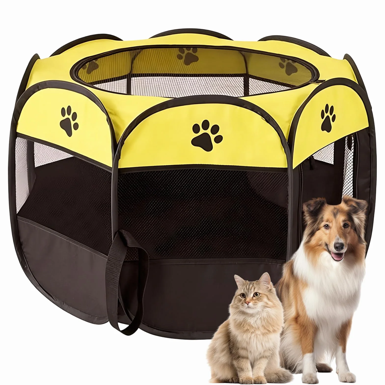 Recinto per Cani da Interno, Portatile Box Cani per Interno ed Esterni, Box Pieghevole per Cane e Gatti, Kennel Cane Piccolo, Gabbia per Gatto, Cucciolo Conigli, 74 x 74 x 43 cm (Giallo)