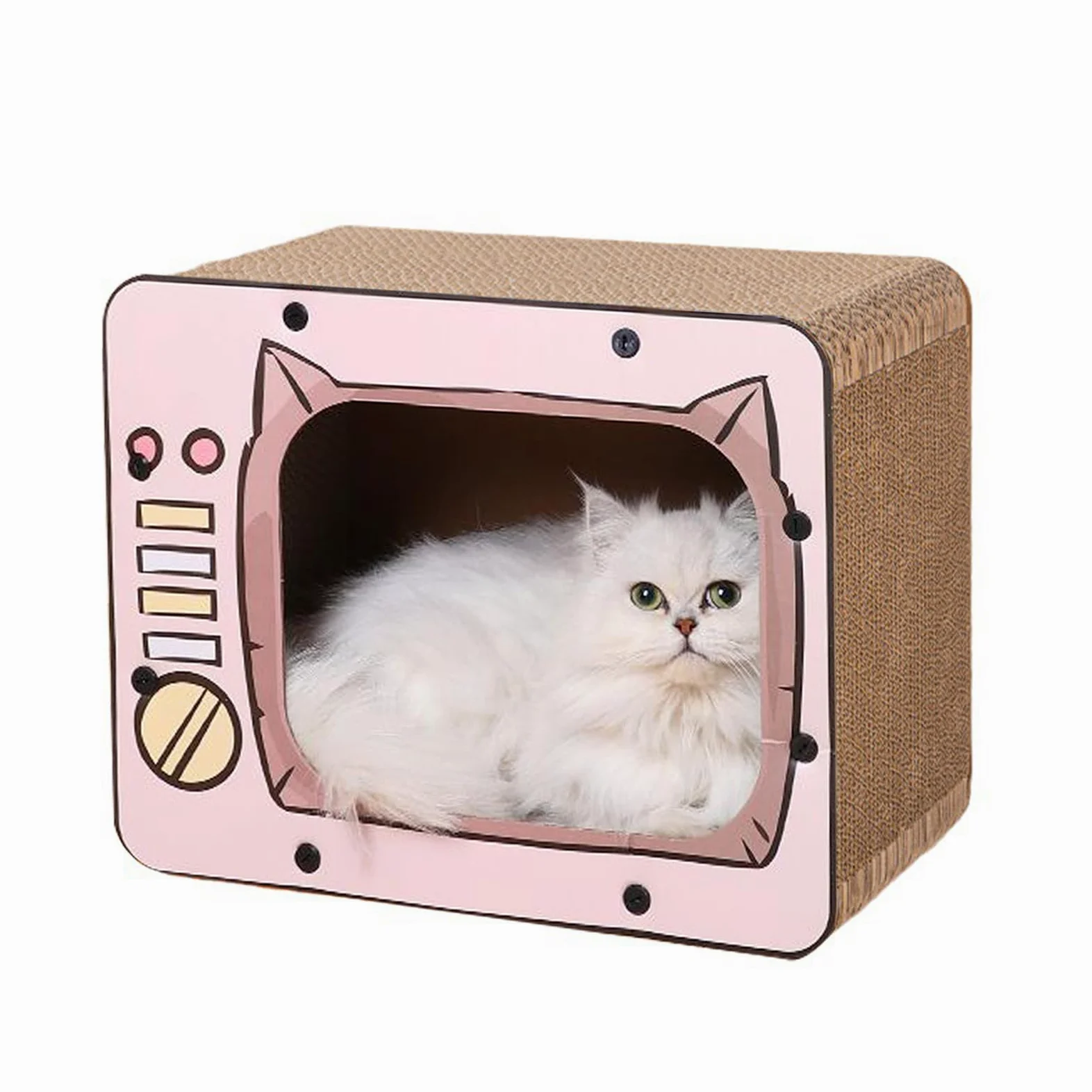 PETCUTE 3 in 1 Tiragraffi per Gatti Cartone,Graffiatoio in Cartone Ondulato Vintage,TV Radio a Forma di Graffiatoio per Gatti Cartone con Fondo Antiscivolo,per Proteggere Mobili,Rosa