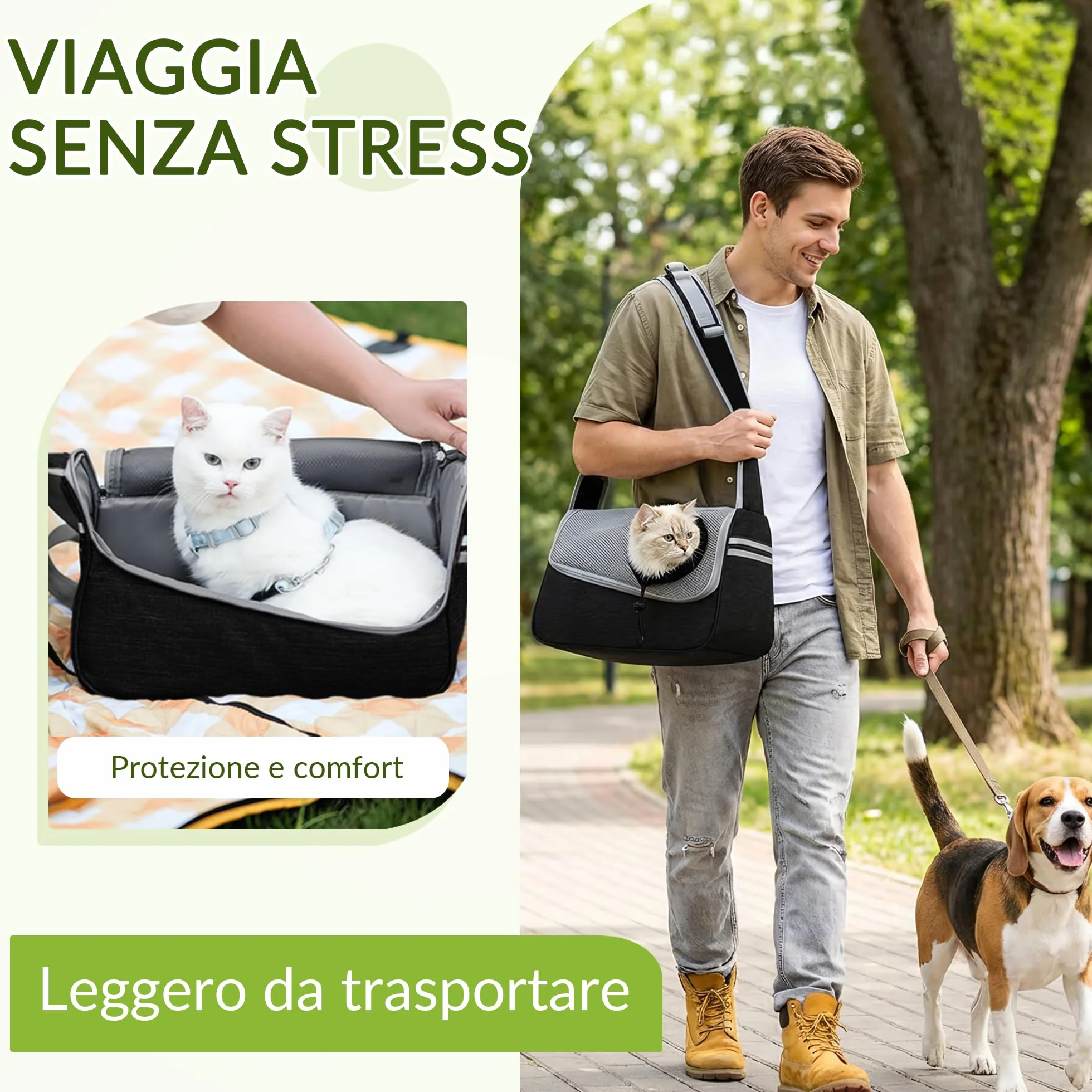 ALLSOPETS Borsa per Cani Piccoli e Gatti, Marsupio Traspirante con Tracolla Regolabile e Tasca Laterale, Trasportino da Viaggio Grigio Nero