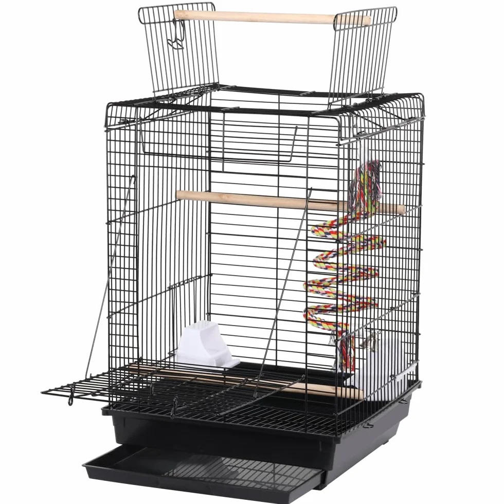 Yaheetech Gabbia per Uccelli Pappagalli Inseparabili Voliera in Metallo con Tetto Apribile Posatoio in Legno e Giocattolo 40 x 40 x 58 cm Nero