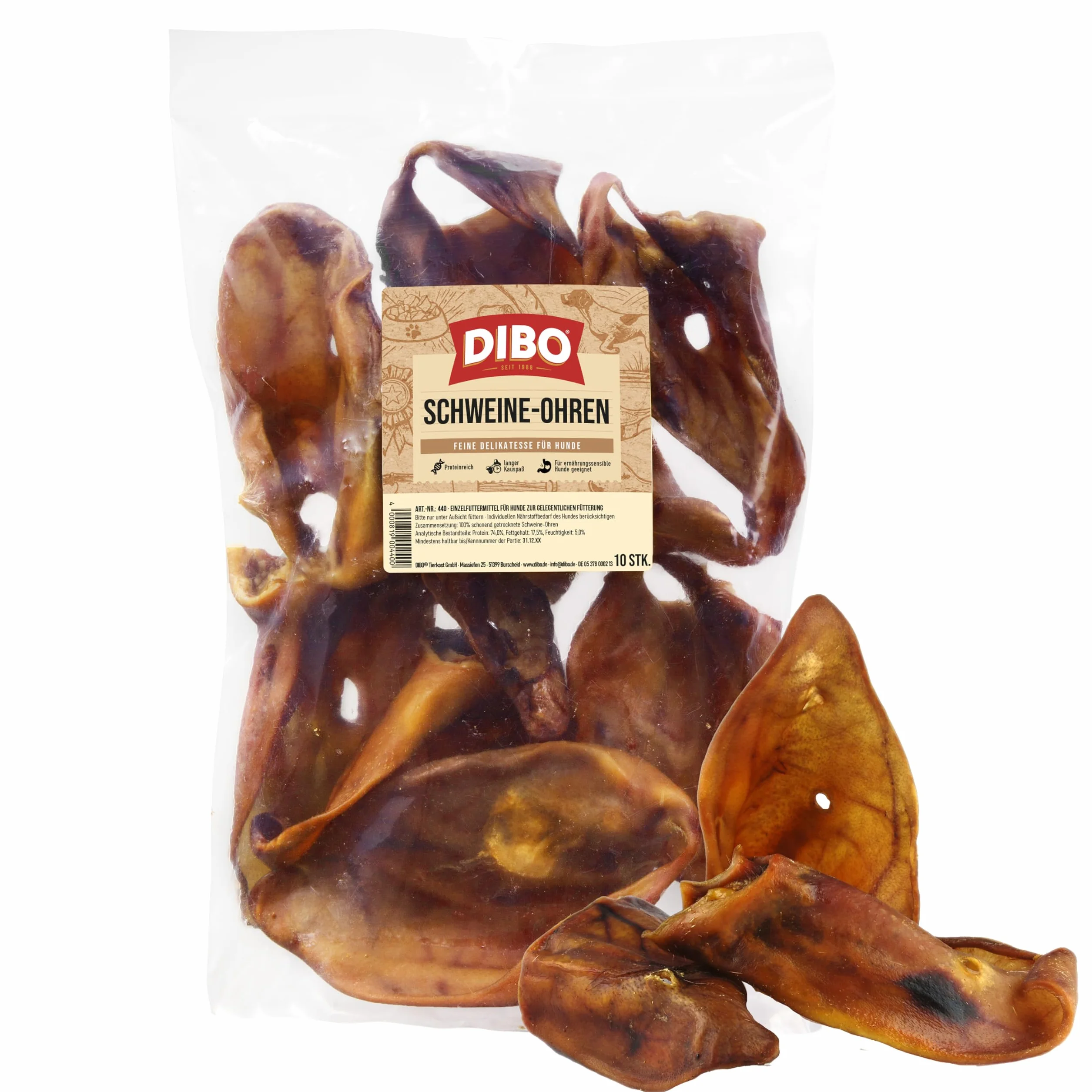 DIBO Orecchie di maiale, 10 pezzi in sacchetto, piccolo snack o dolcetti per alimenti per cani, articoli da masticare di qualità senza prodotti chimici