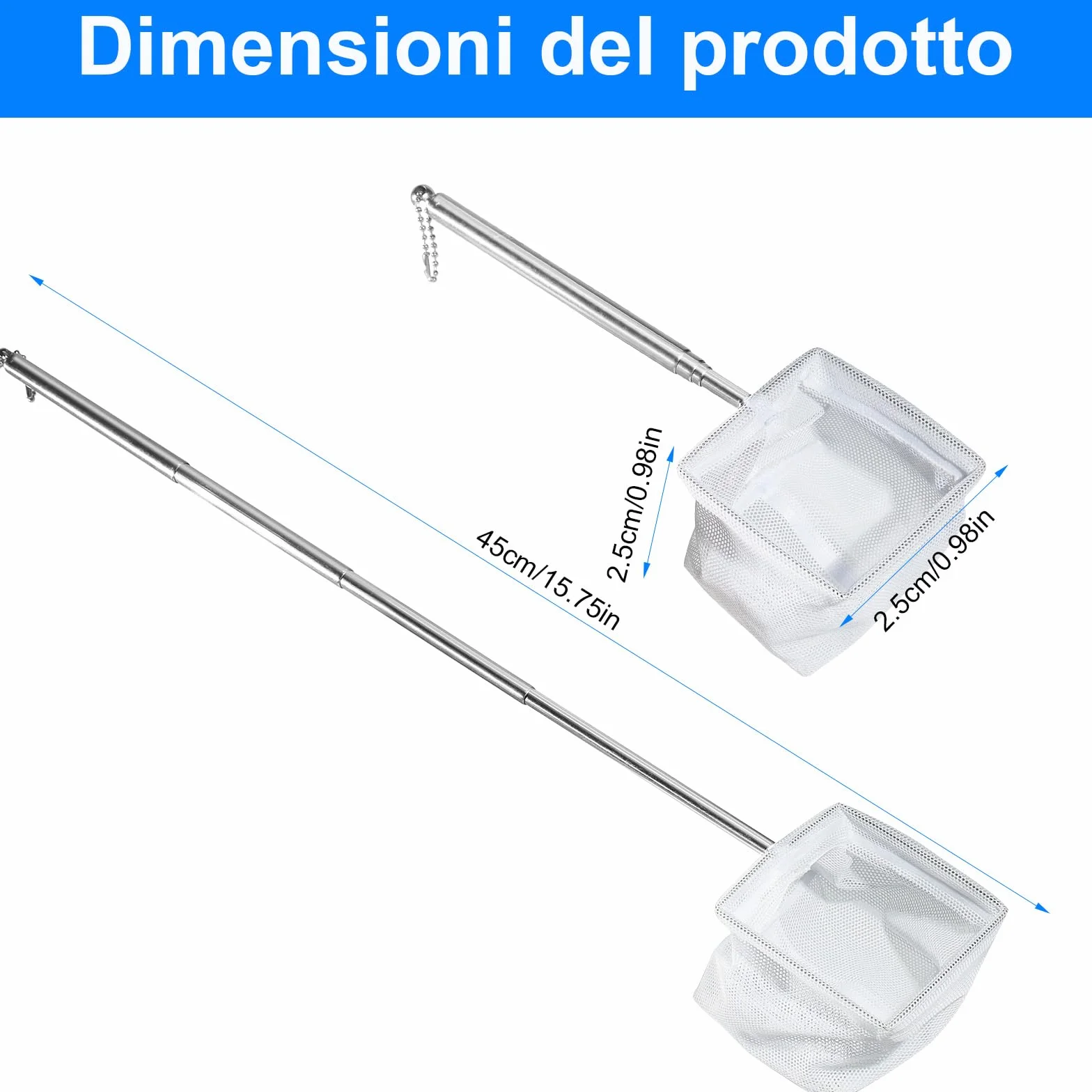 Set di 2 Retini Mini Acquario con Manico in Acciaio Inossidabile – Rete da Pesca a Maglia Fine con Manico Telescopico (13-40 cm) per Acquario, Stagno e Pulizia (8x6,5 cm)