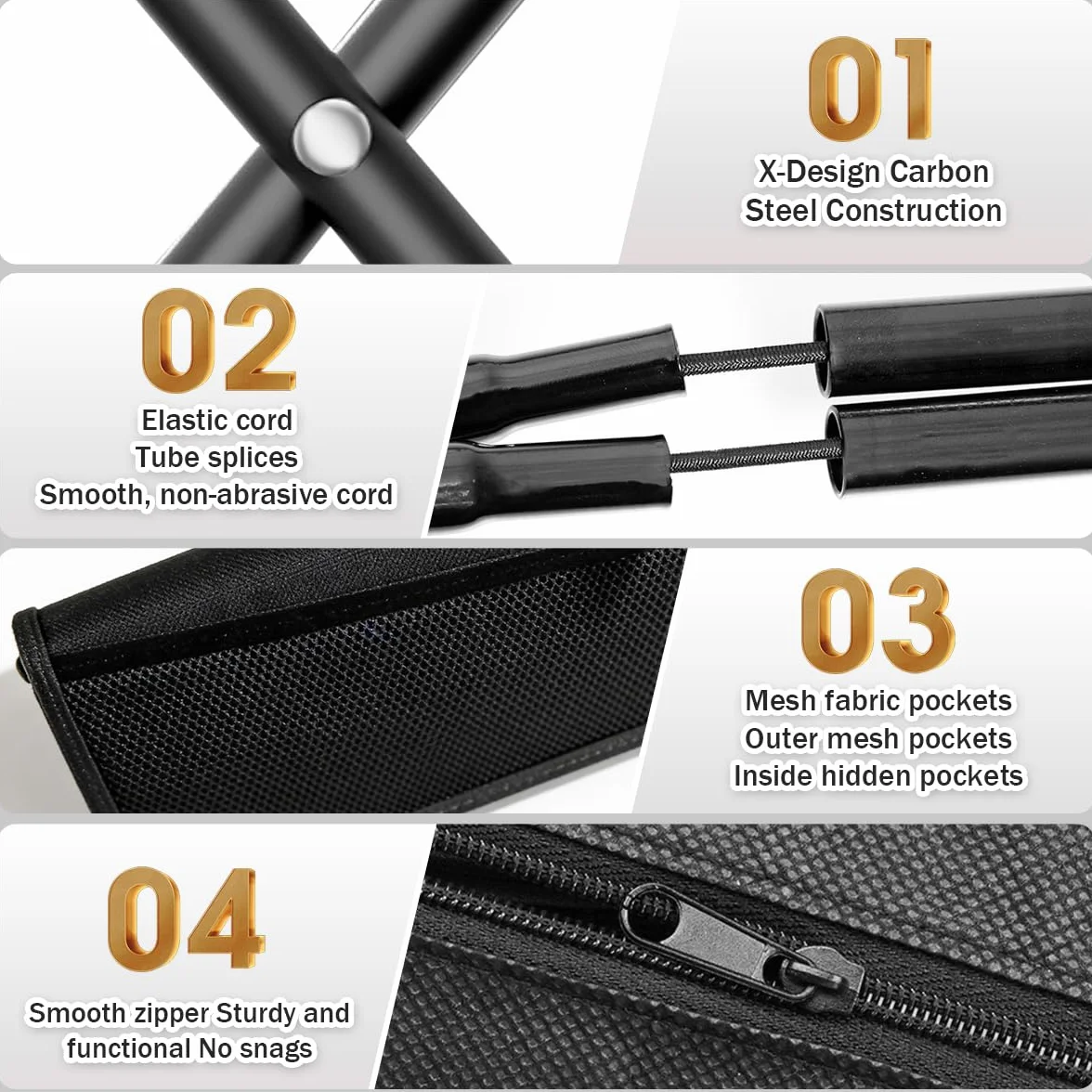 Sedia Pieghevole Portatile da Campeggio con Tracolla e Sacchetto a Rete – Black