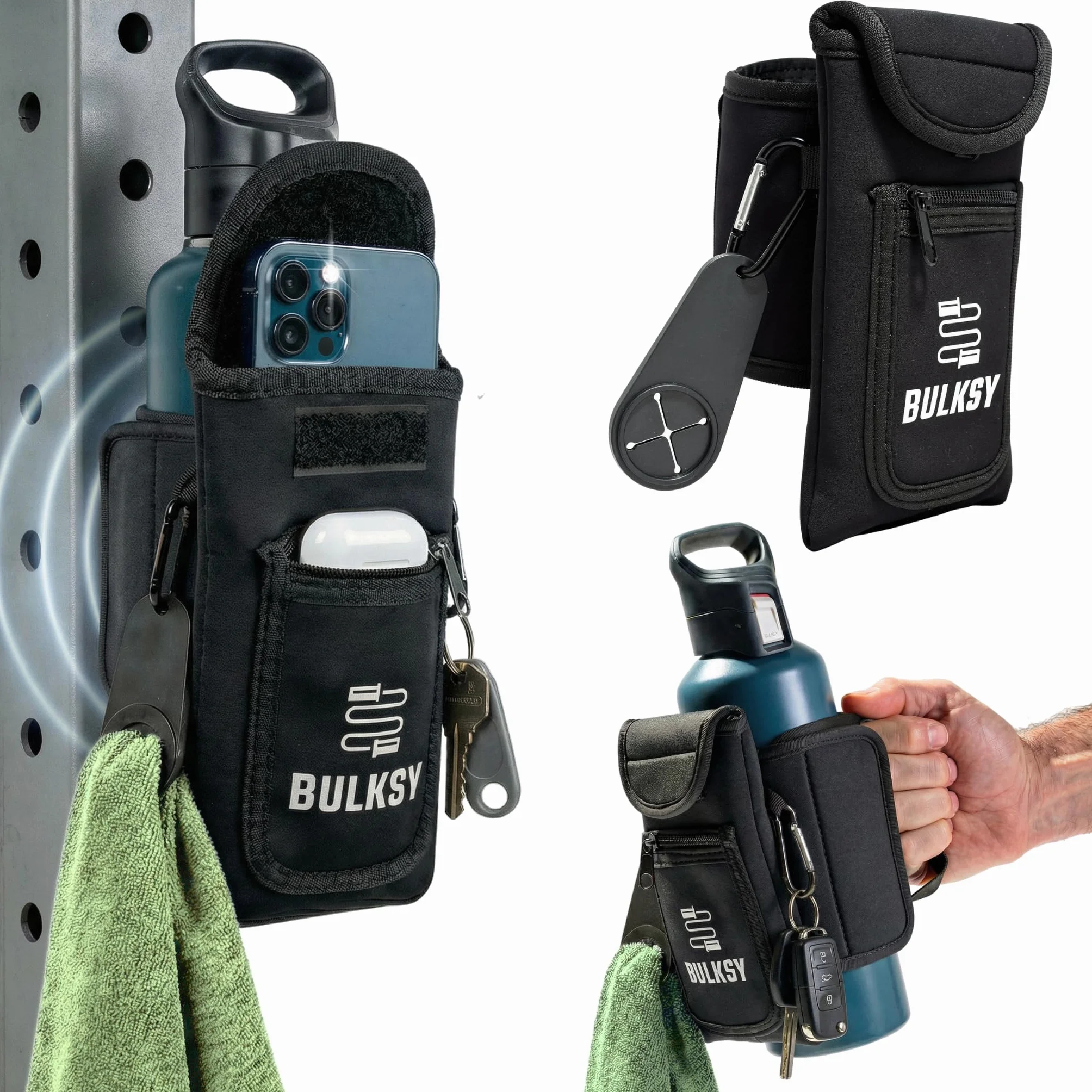 Borsa Magnetica per Accessori Palestra - Porta Borraccia con Tasca Smartphone e AirPods - Borsa Magnetica Palestra Accessori Versatile - Magnete per Macchinari Palestra - Adatta a Bottiglie 1L &1,5L