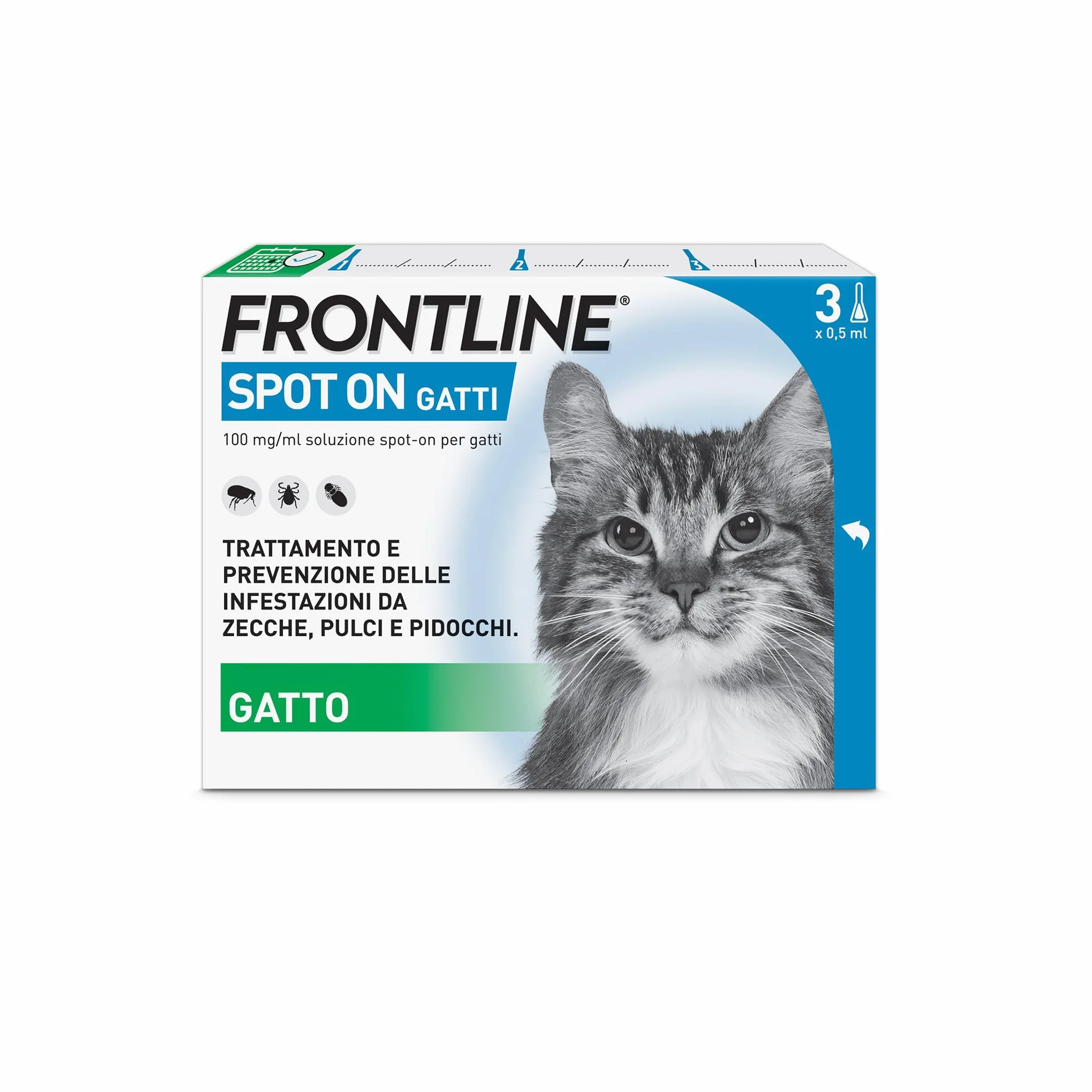 FRONTLINE Spot On 3 Pipette Antiparassitario per Gatti Lunga Durata Protegge da Zecche Pulci Pidocchi 0.5 ml