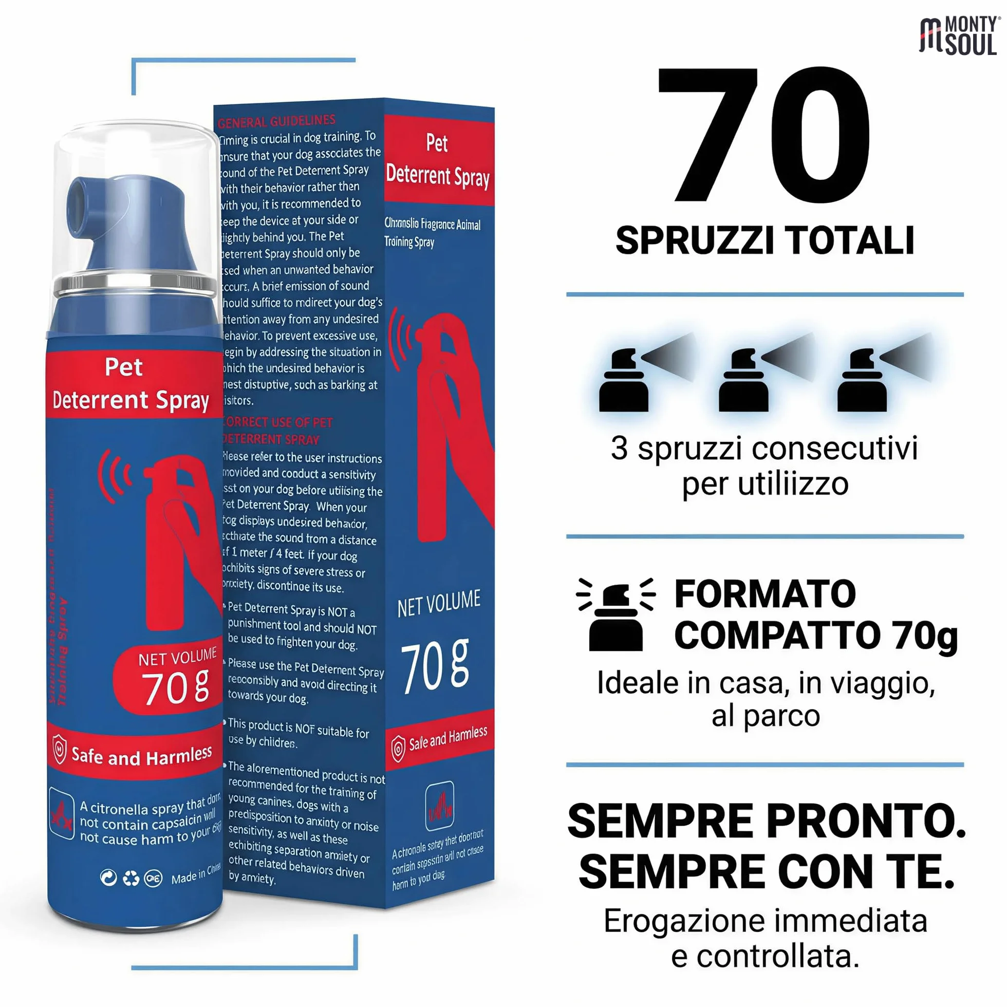 Spray Correttivo per Cani ad Aria Compressa con Citronella - Deterrente Sonoro Sicuro e Umano per Addestramento - Aiuta a Ridurre Abbaio, Salti e Comportamenti Indesiderati - Fino a 70 Spruzzi (70 g)