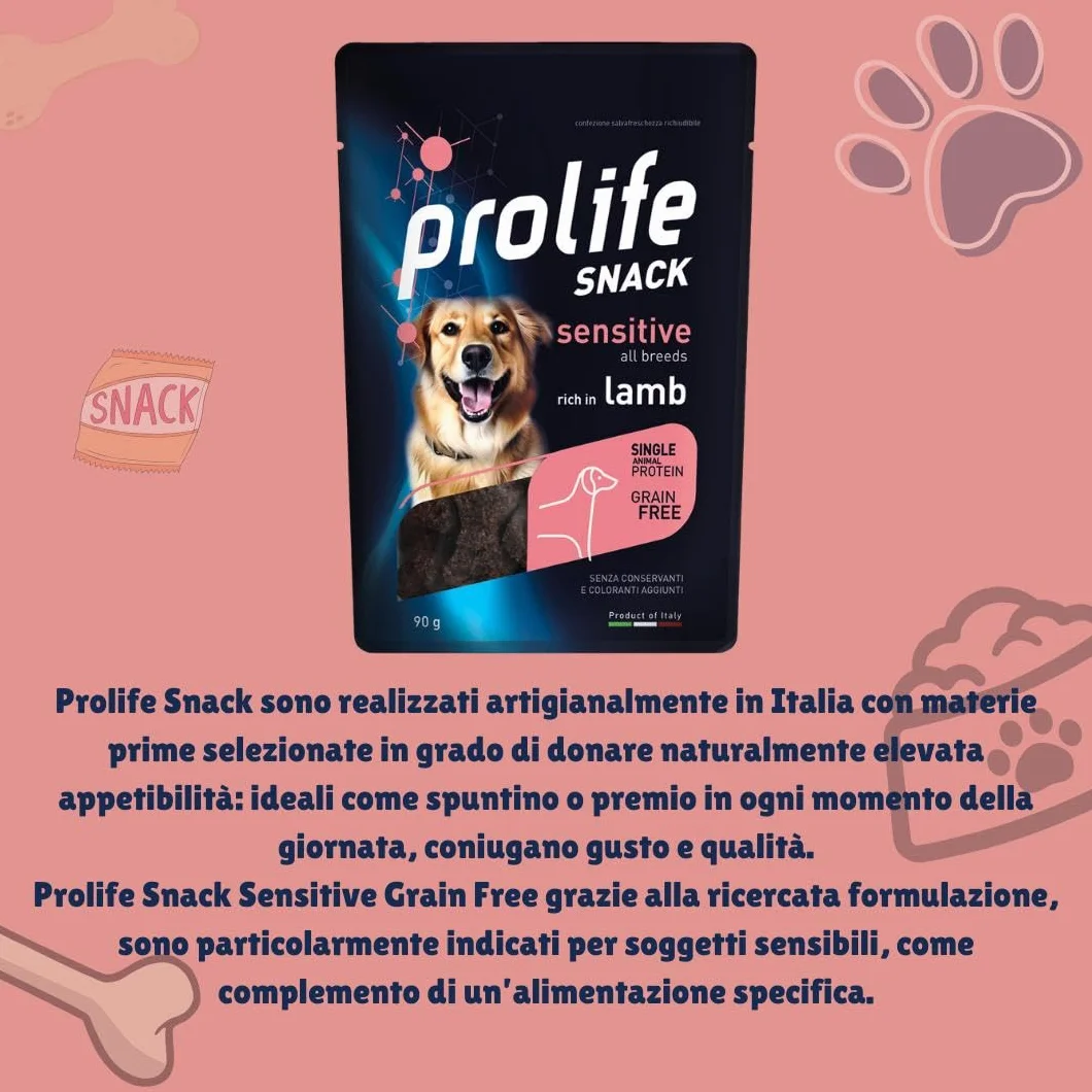 Prolife Snack Cane Adult Sensitive gusto AGNELLO, snack per cani adulti di tutte le taglie senza conservanti e senza cereali, grainfree, monoproteico | 3 bustine da 90 grammi l’una.