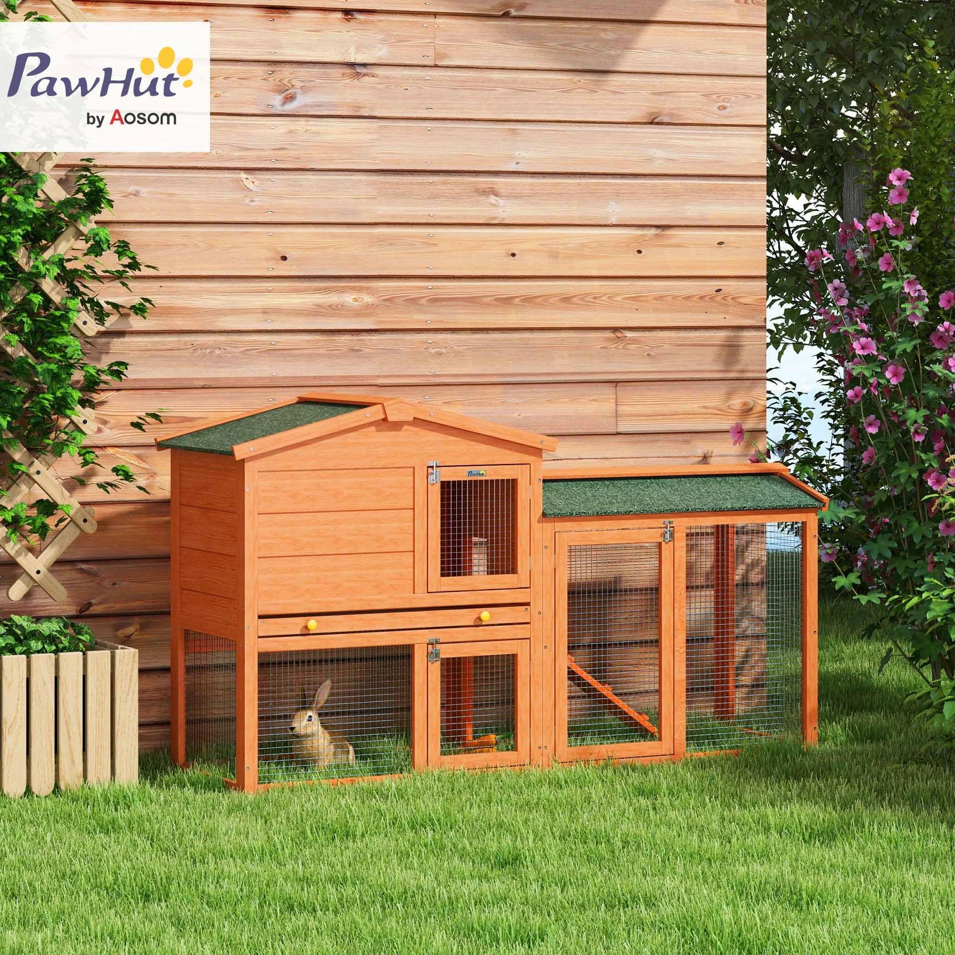 PawHut Conigliera a 2 Piani da Esterno, Gabbia per Animali Domestici in Legno di Abete e Filo di Metallo, 150x45x85 cm, Arancione