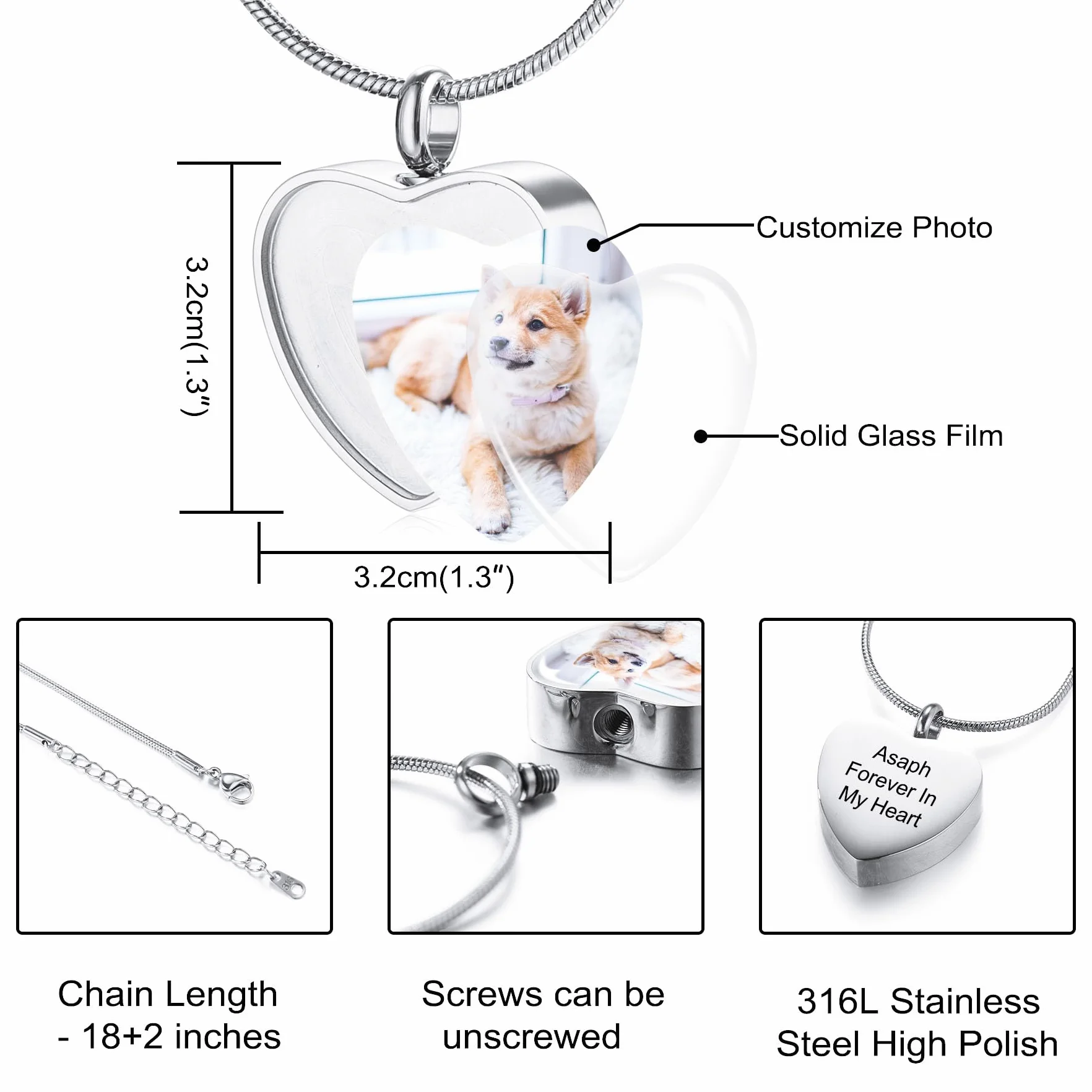 MeMeDIY Urna Pendente Collana Personalizzato Cuore Orma di Zampa Nome Foto Data per Donna Uomo Animale Domestico Memoriale