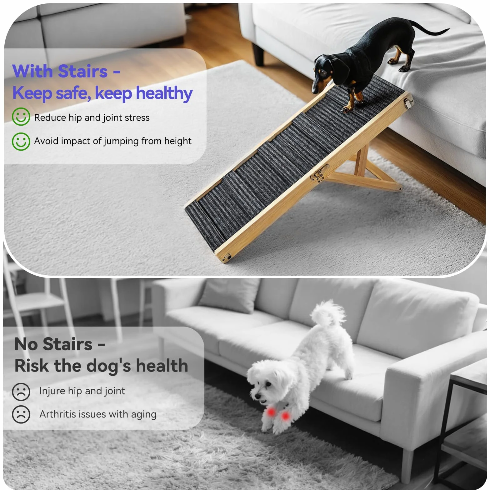 Piccola Rampa per Cani Pieghevole in Legno per Divano e Letto, 4 Altezze Regolabili da 13" a 21", Gradini Stabili con Cuscinetto Antiscivolo
