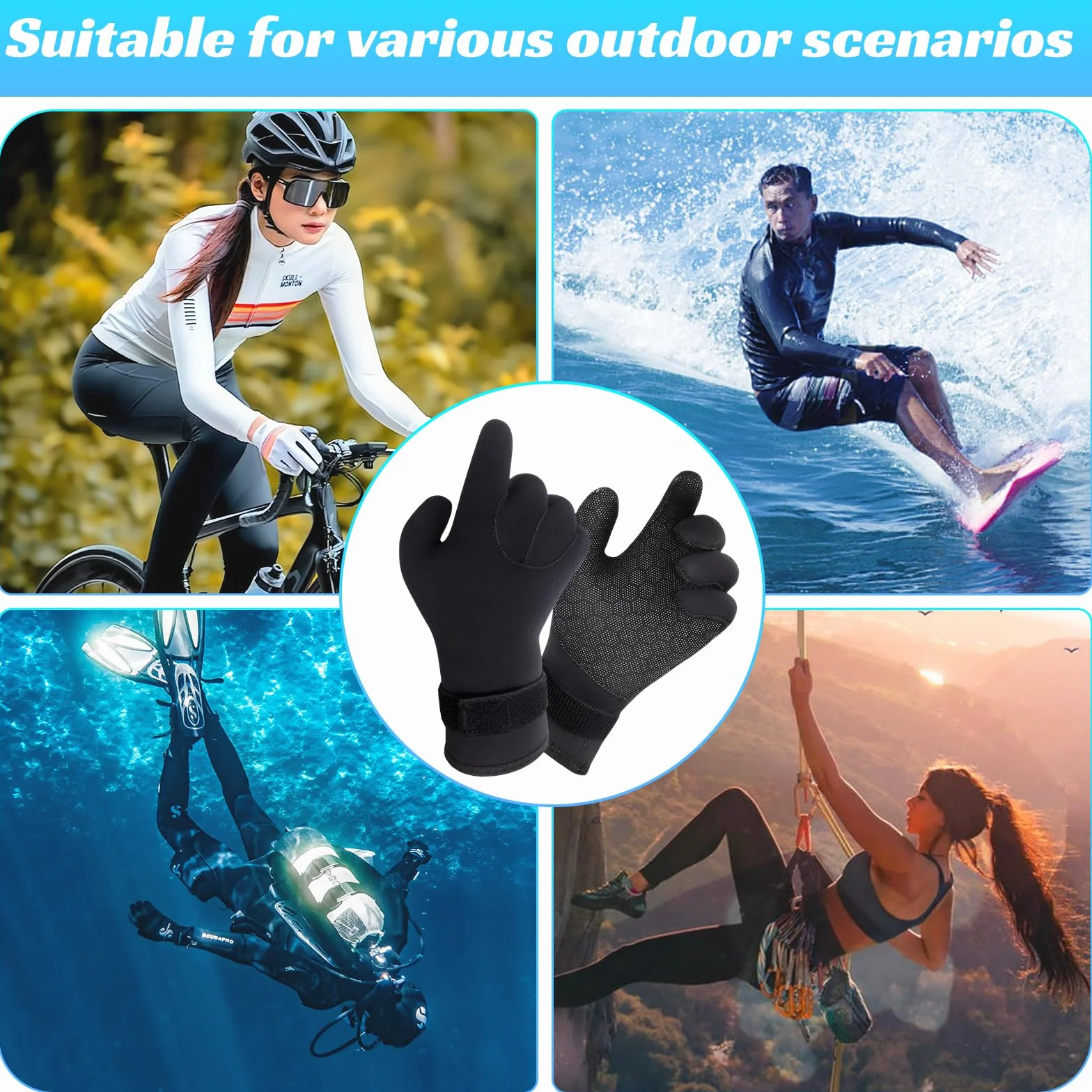 Catime Guanti da Sub per Immersione in Neoprene, Guanti da Muta 3mm Antiscivolo, Guanti Termica per Sport Acquatici con Cinturino da Polso Regolabile, Diving Gloves per Snorkeling Surf Pesca