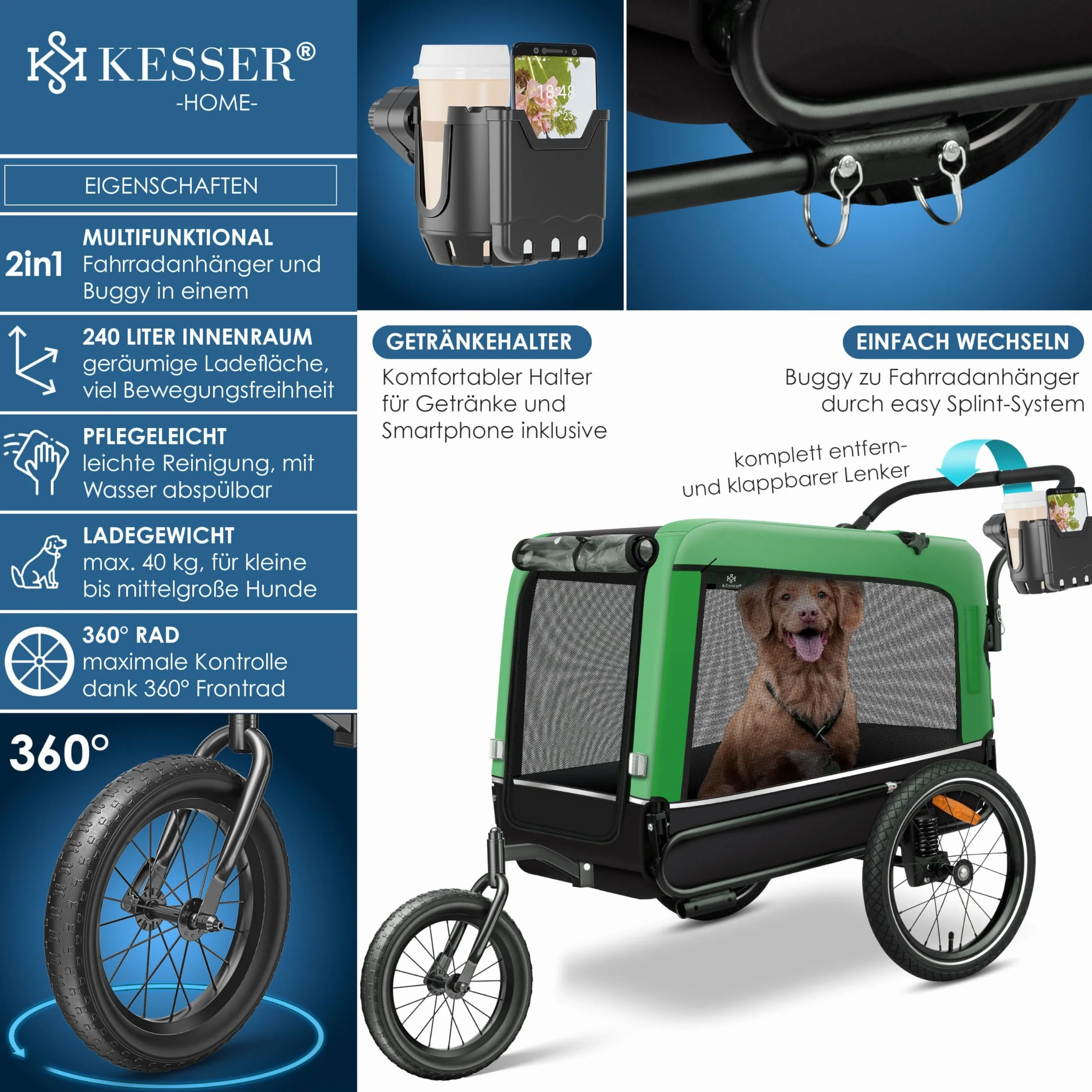 KESSER® Boxer 3-in-1 Rimorchio per Cani, circa 240 Litri di Volume, Tela Oxford 600D, SmartSpace Concept, max. 40 kg incluso Supporto per Bevande e Smartphone, molleggiato
