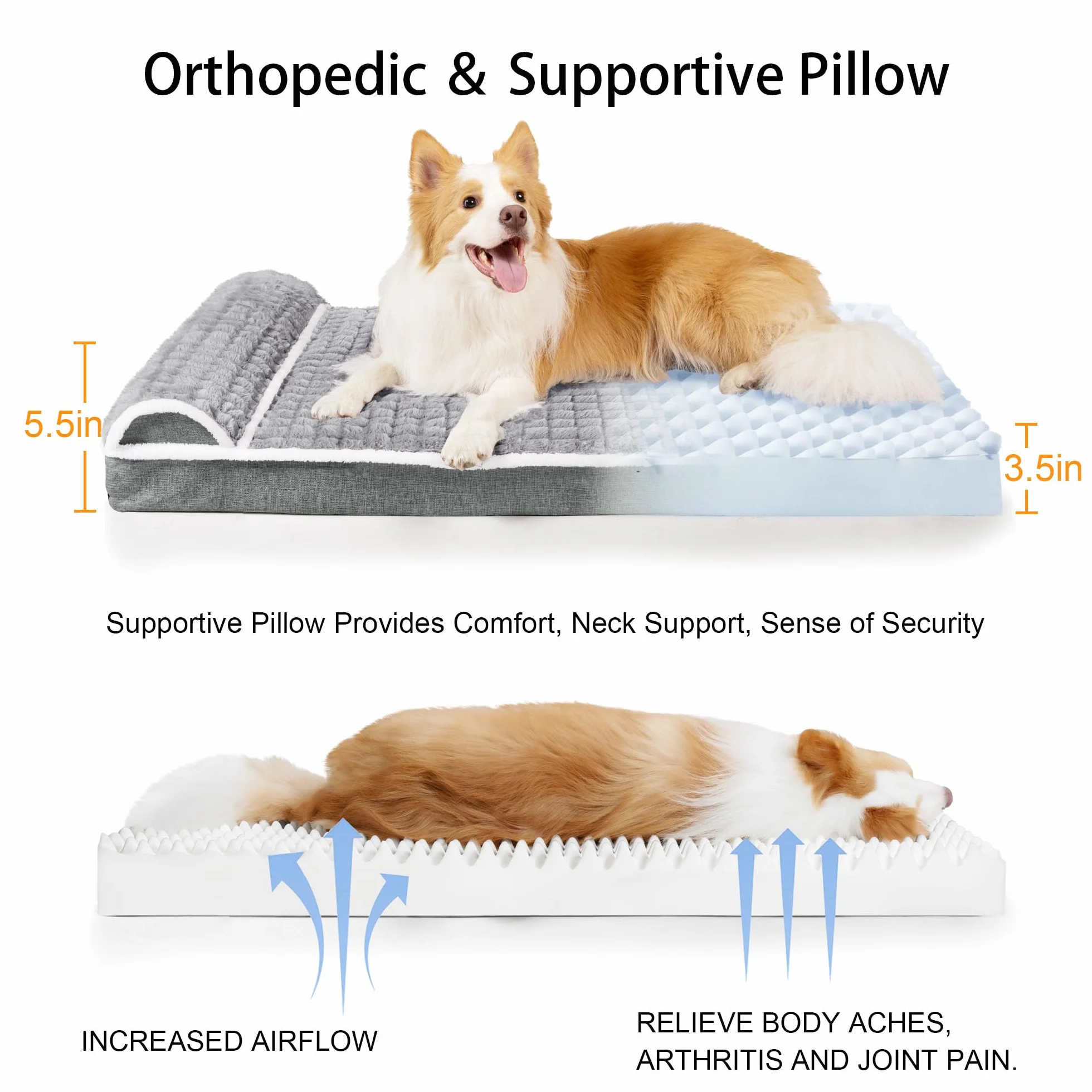 Letto ortopedico XL per cani di grandi dimensioni con cuscino 122 x 76 cm, impermeabile, morbido e confortevole, in schiuma, con rivestimento rimovibile lavabile e fondo antiscivolo, grigio