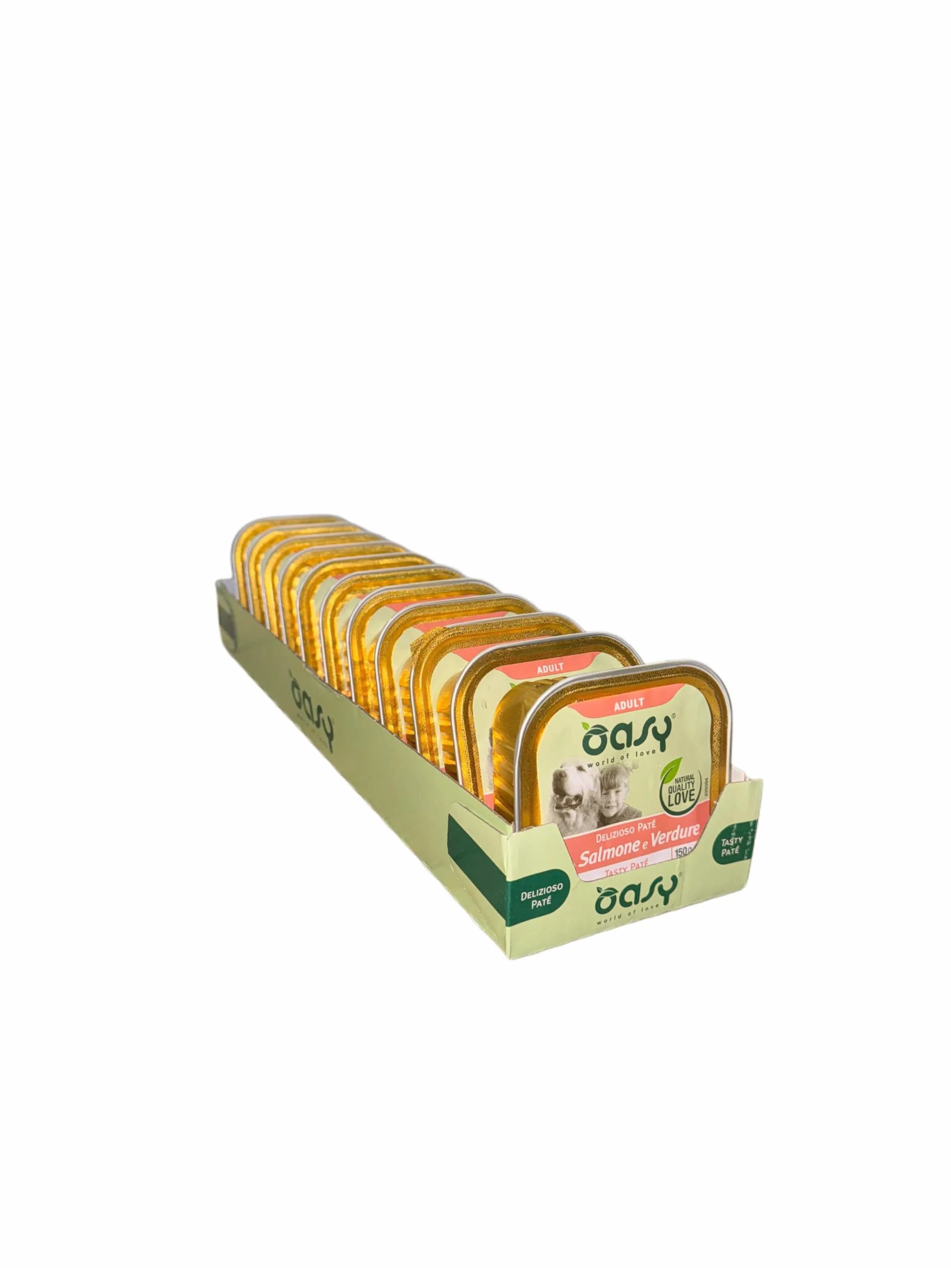 Oasy delizioso patè per cani adulti di tutte le taglie, gusto SALMONE e VERDURE | 11 vaschette da 150 grammi l'una.