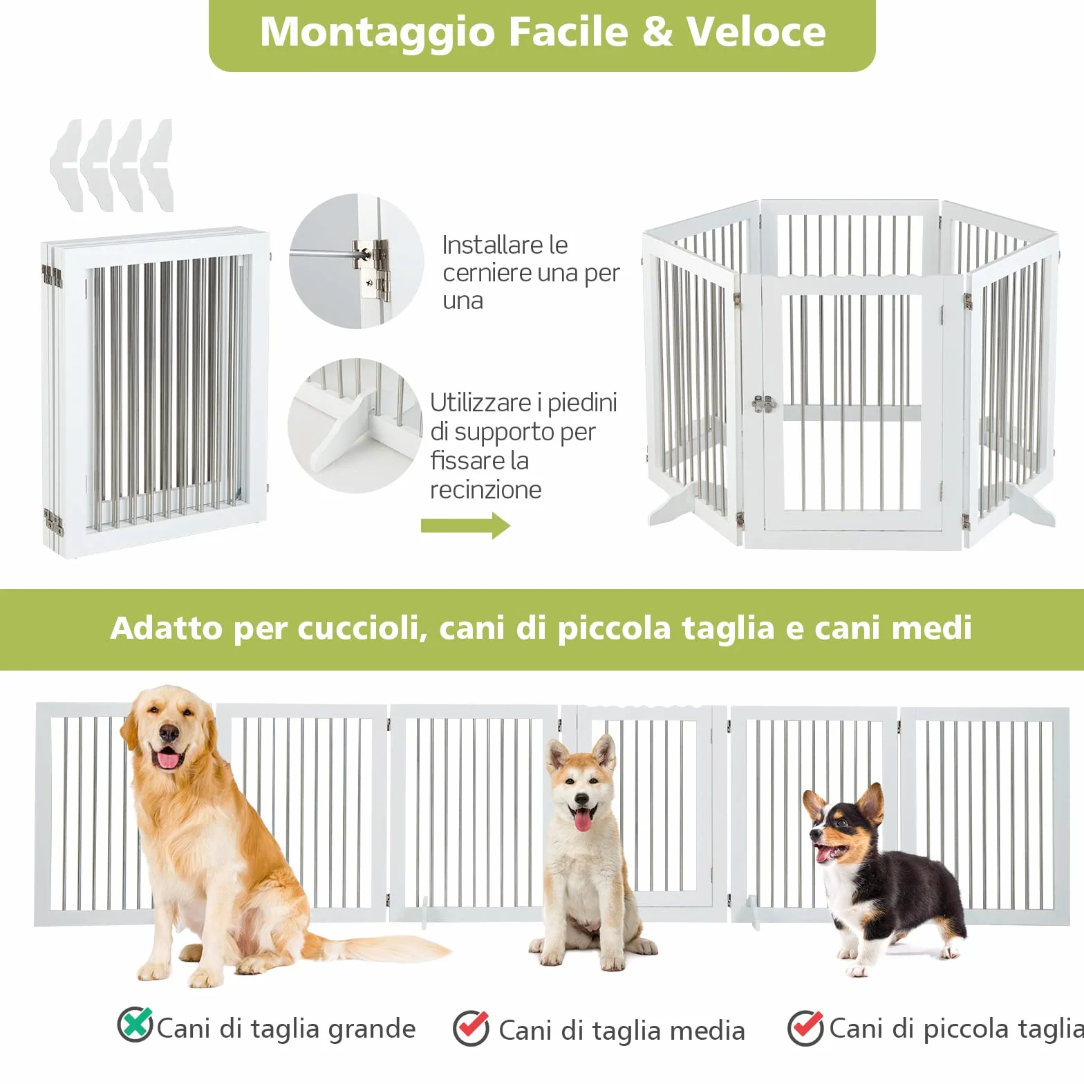 COSTWAY Cancelletto per Cani Pieghevole in Legno, Cancello per Animali Domestici 6 Ante, Box per Cani Piccola/Media Taglia, 80 x 61 x 1,8 cm
