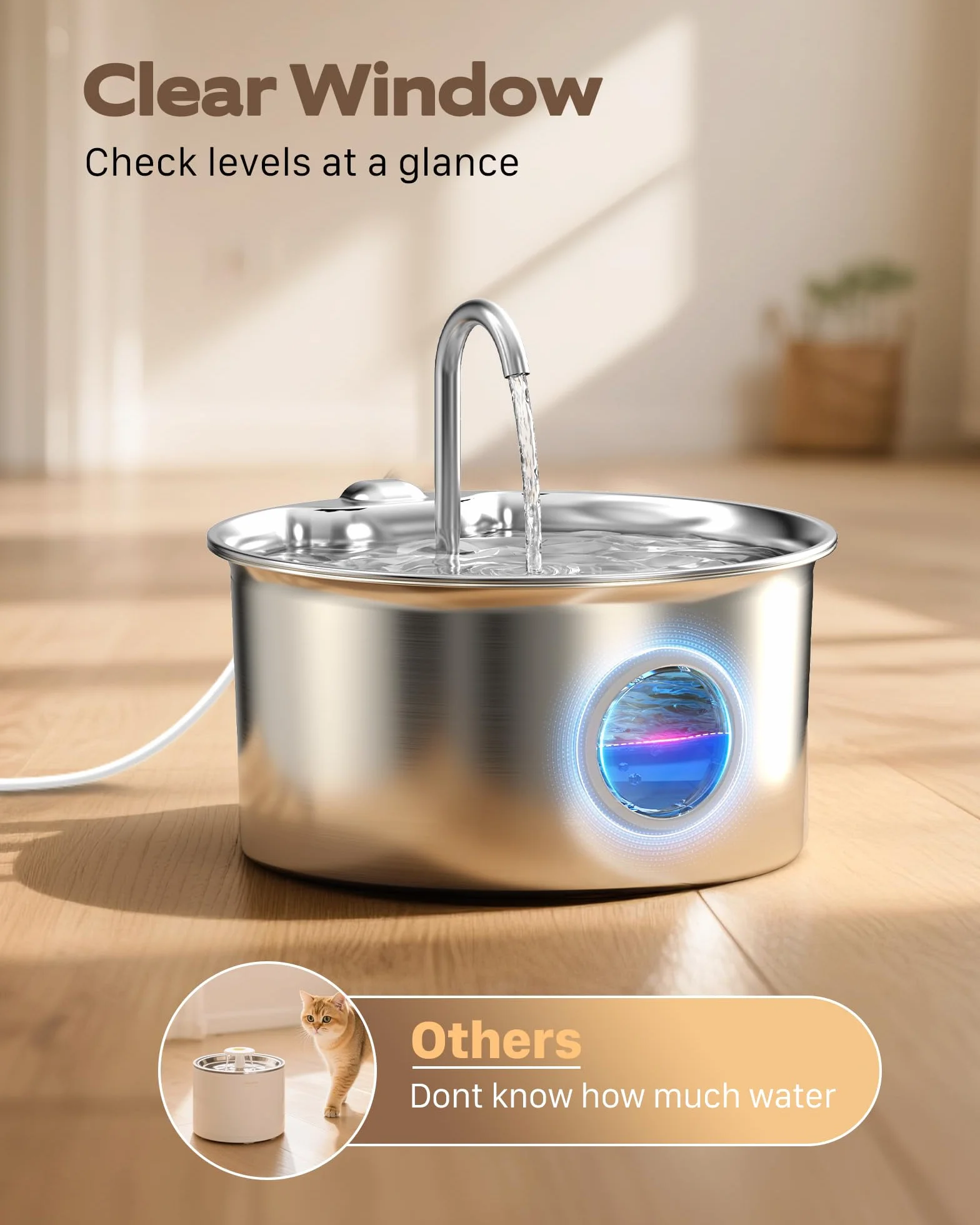 Fontanella per Gatti Acciaio Inox: Fontana per Gatti Inossidabile - 2.6L Automatico Fontanelle Gatto Silenziosa - Dispenser Acqua Gatto con Finestra Livello Acqua - Distributore Acqua per Cani