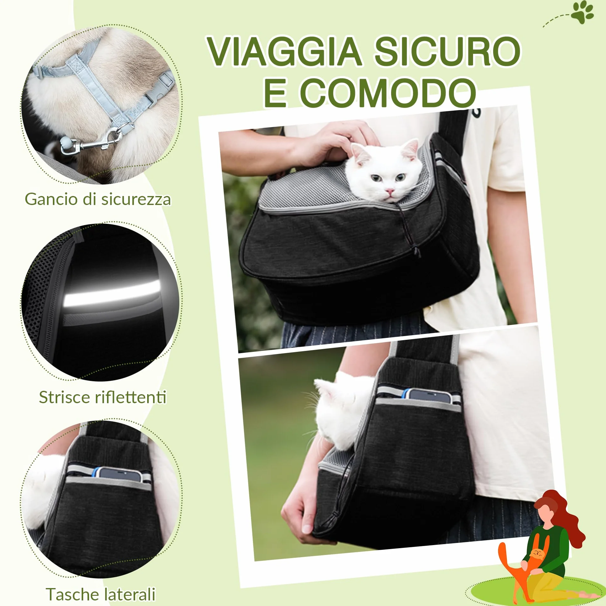 ALLSOPETS Borsa per Cani Piccoli e Gatti, Marsupio Traspirante con Tracolla Regolabile e Tasca Laterale, Trasportino da Viaggio Grigio Nero