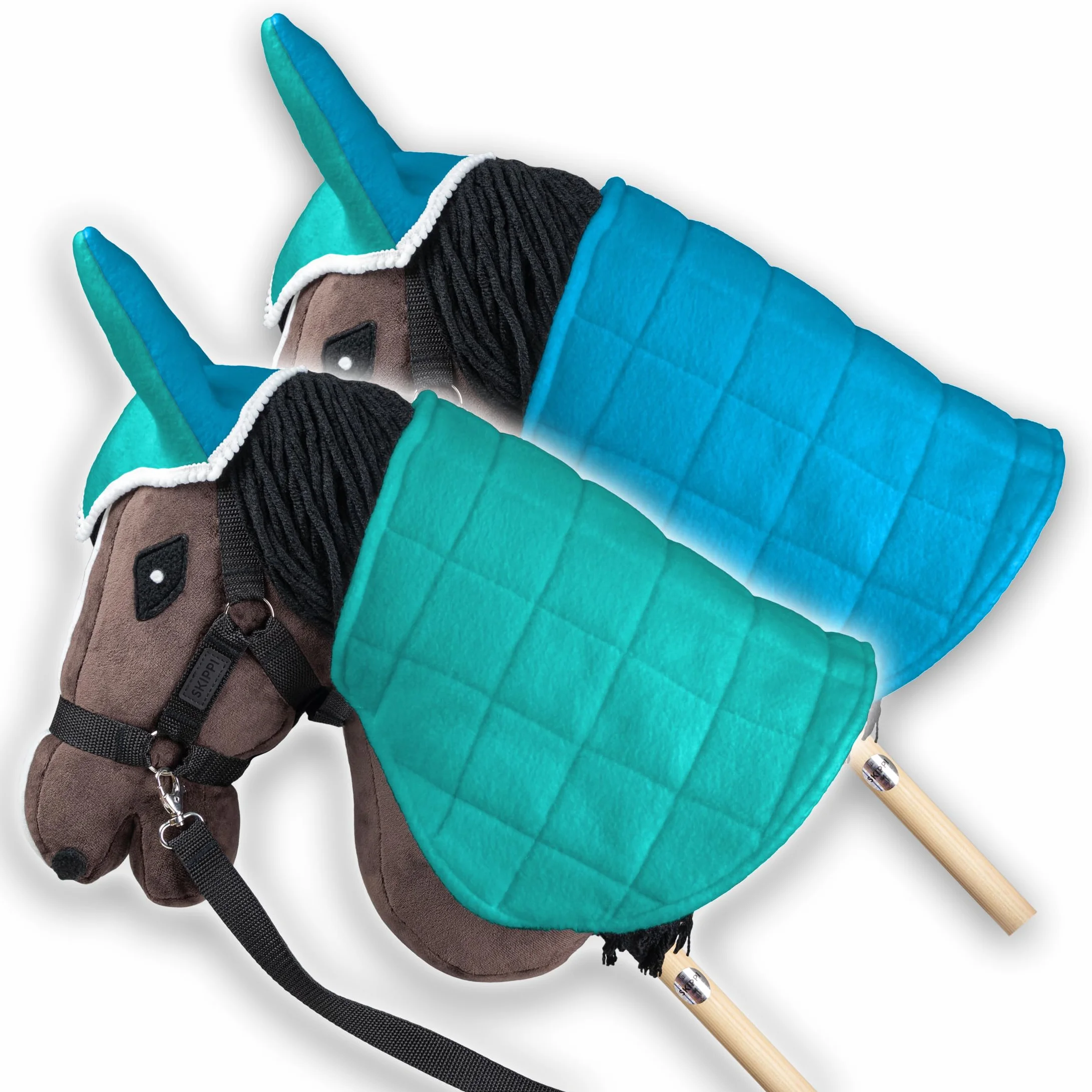 SKIPPI Coperta e Cuffietta per Hobby Horse - Menta e Blu, Reversibile Hobby Horse Accessori, Cuffia Bicolore e Coperta Antimosche per Cavallo con Bastone