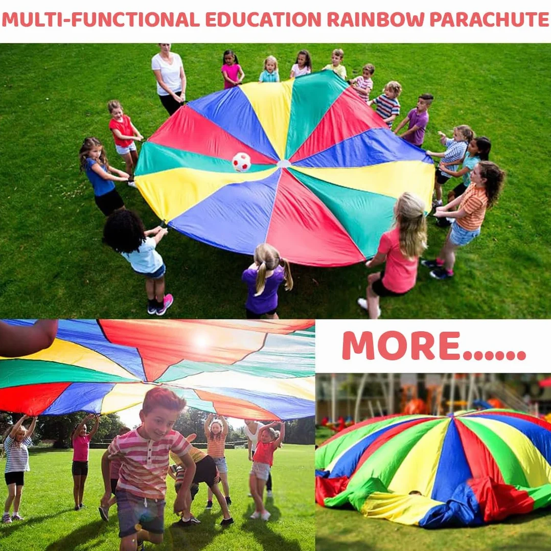 Paracadute Bambini Professionale 300 cm 3m Telo Arcobaleno con Maniglie per Giochi di Gruppo 12 Bambini