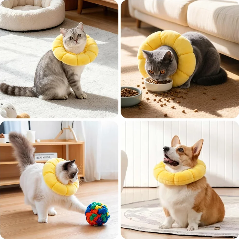 Collare Elisabettiano Gatto, Collare Protettivo Gatto, Regolabile, Morbido e Comodo, Protettivo Dopo Chirurgia, Anti-morso per Animali Domestici Dopo l'Intervento Chirurgico,Girasole Carino (XS)