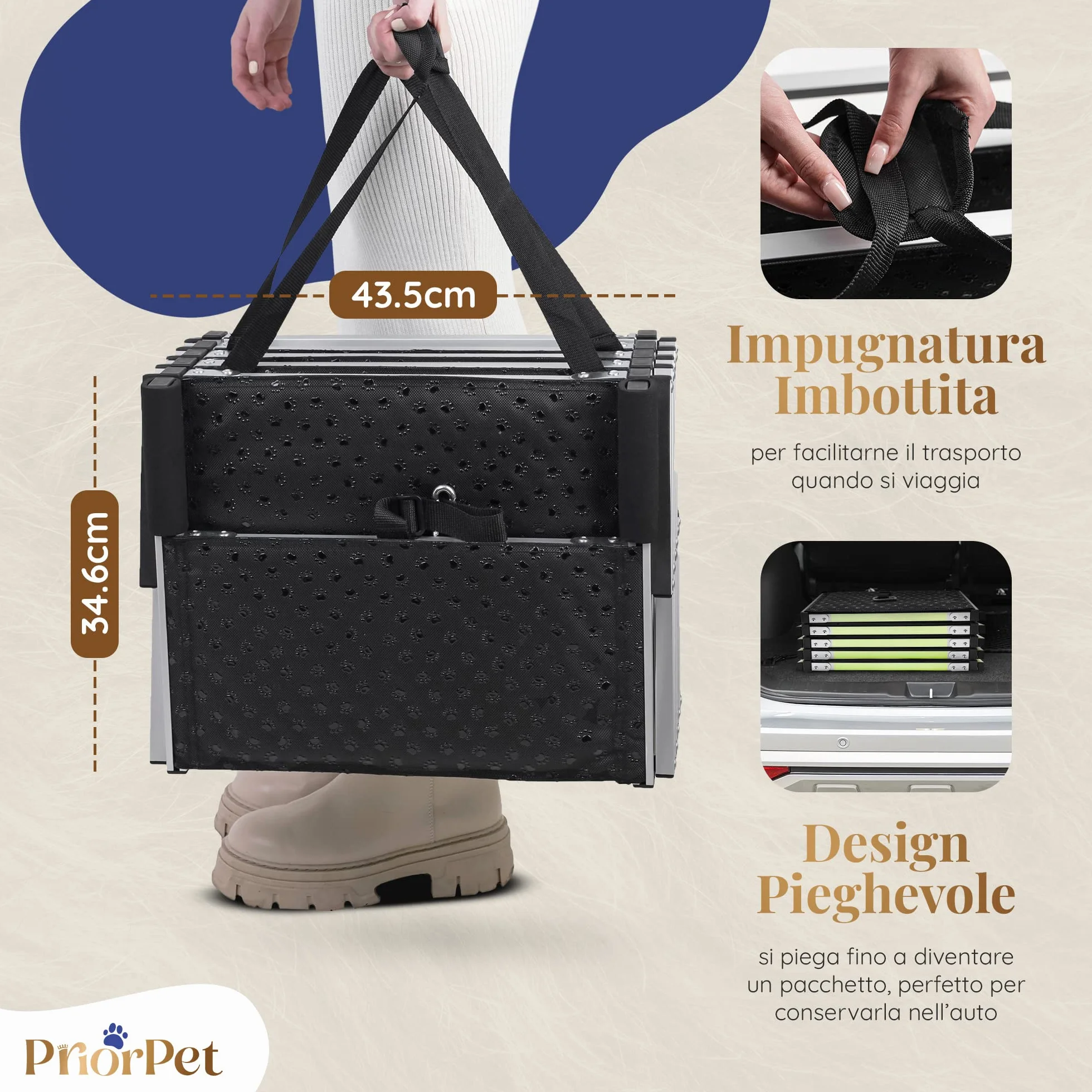 Rampa per Cani PRIORPET Pieghevole Fino a 77 KG Antiscivolo Riflettente 5 Gradini